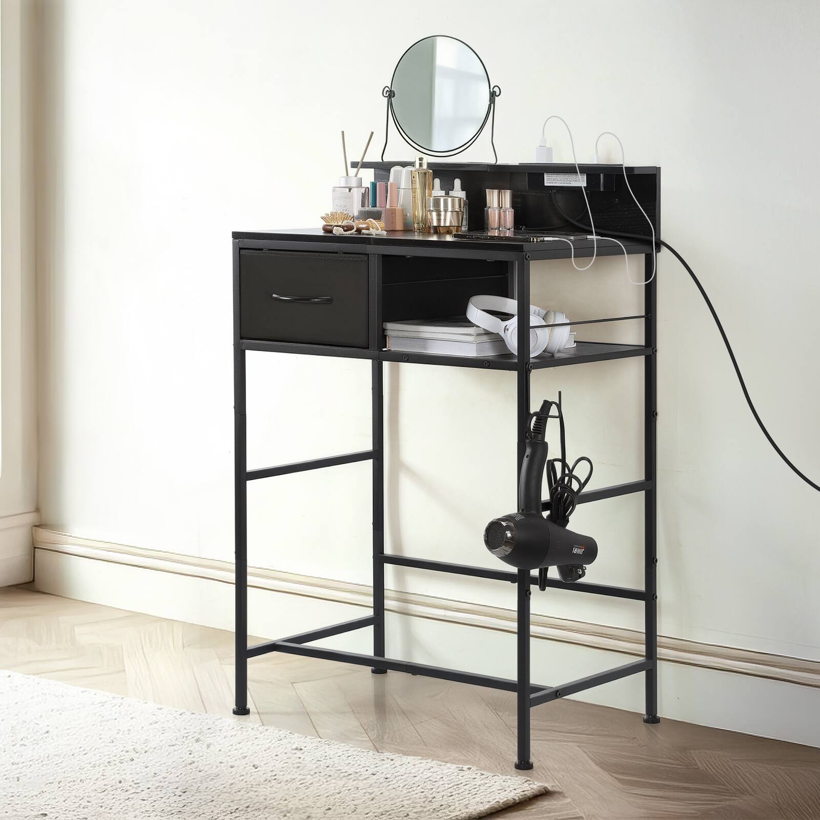 Alt View 2. Oumilen - Vanity Table with Charging Station and Drawer,Black - Black.