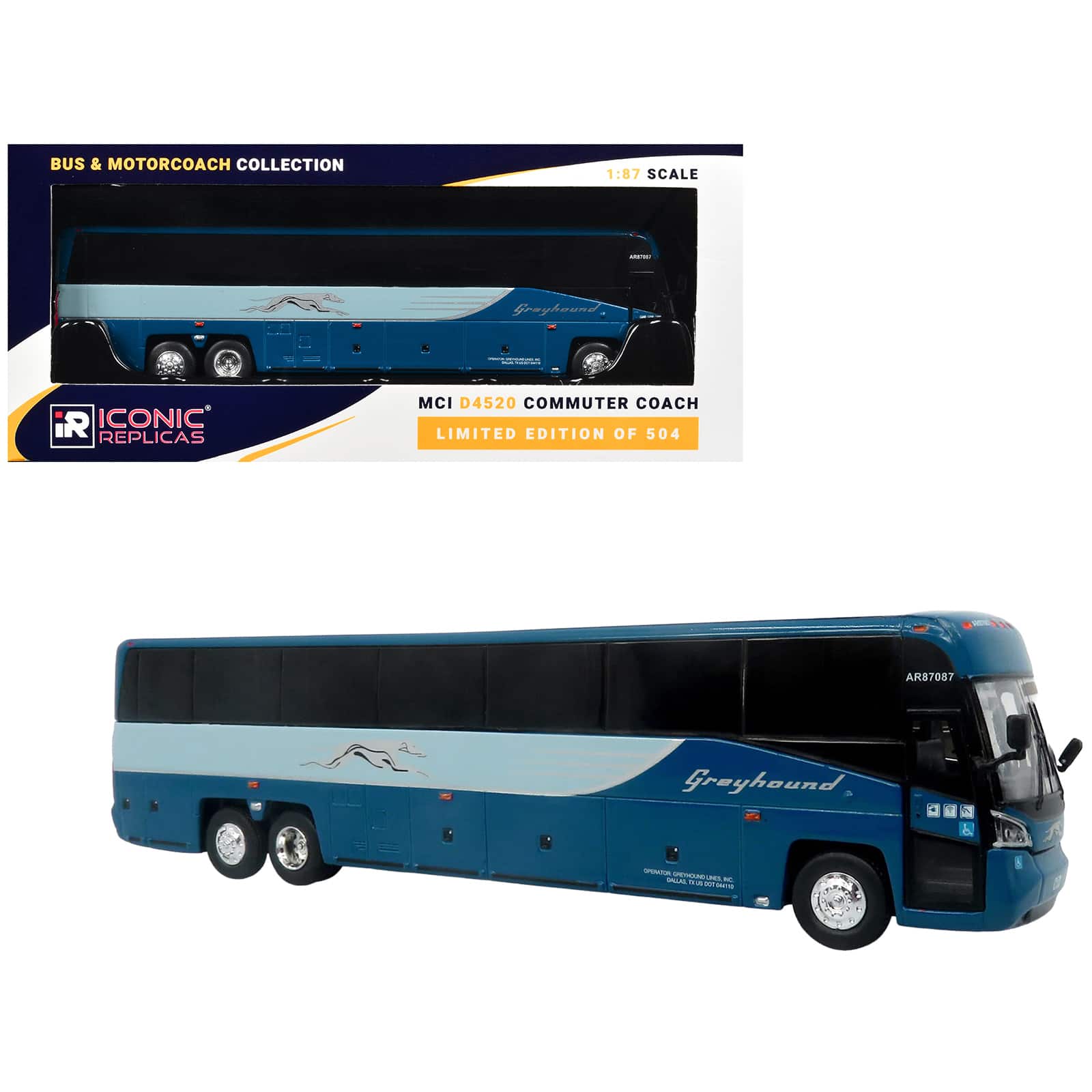 "MCI D4520 Commuter Coach Bus ""Greyhound Lines"" Blue with Light Blue Stripes 1/87 (HO) Diecast Model by Iconic Replicas" price history on PriceWatchPro