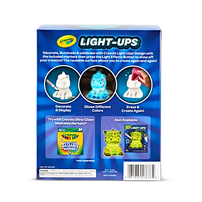 Crayola LIGHT-UPS  
Decorate, illuminate & celebrate with Crayola Light-Ups! Design with the included markers then press the Light Effects Button to show off your creation! The reusable surface allows you to create again and again!  

Decorate & Display  
Glow in Different Colors  
Erase & Create Again!  

Try with Crayola Ultra-Clean Washable Markers*  
*Sold separately  

Also Available:  
LIGHT-UPS MASHABLE MARKERS  

10 Crayola Light-Ups  
30 Washable Markers  

712221 7631