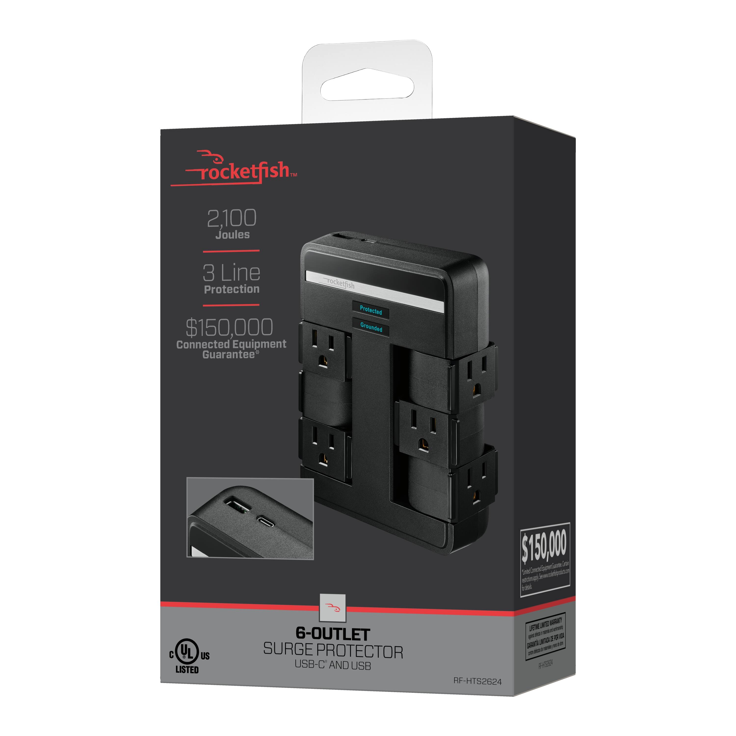 Rocketfish  
2,100 Joules  
3 Line Protection  
$150,000 Connected Equipment Guarantee  
Protected Grounded  
6-Outlet Surge Protector  
USB-C and USB  
UL US Listed  
RF-HTS2624
