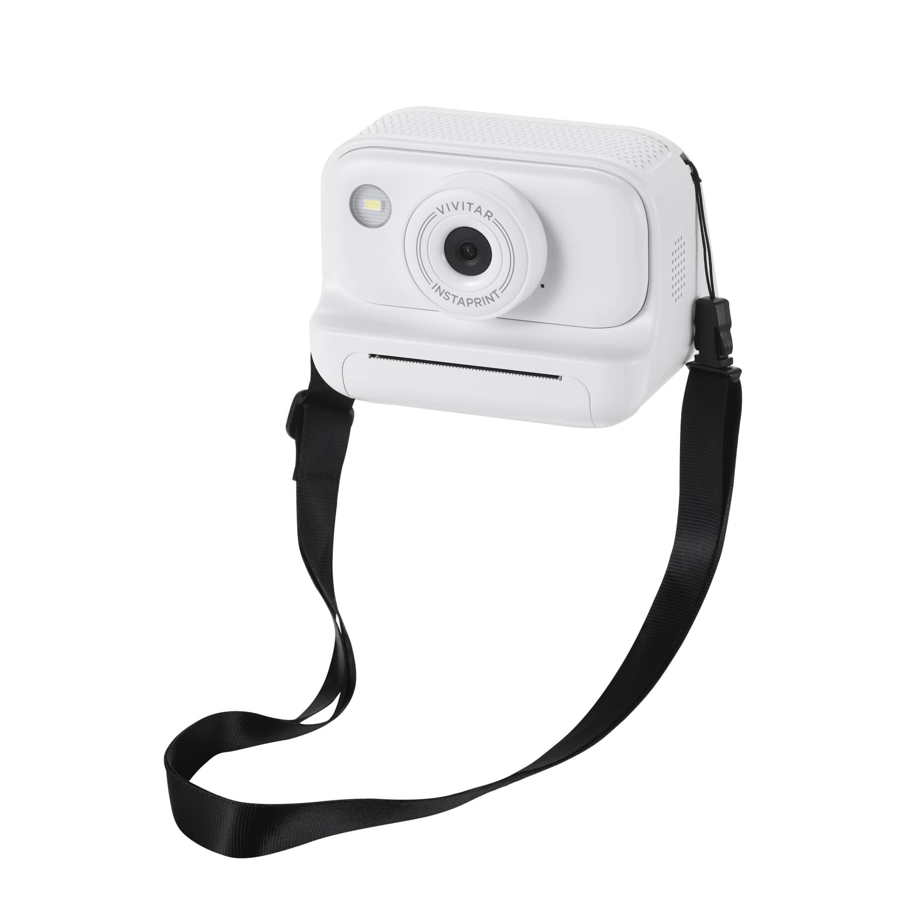 The image features a white Vivitar Instaprint camera with a black strap. The camera is designed to capture high-quality photos and is a popular choice for photographers of all skill levels. The strap provides added security and convenience, allowing the user to carry the camera around their neck or attach it to a bag or other objects. The camera is ready to use and is an excellent option for anyone looking to take great photos on the go.