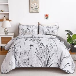 Earthley Blooms - Floral Quilt Set Botanical Flower 3 Pieces Spring Bedspread Coverlet Soft Lightweight Microfiber Bedding For - Grey-King