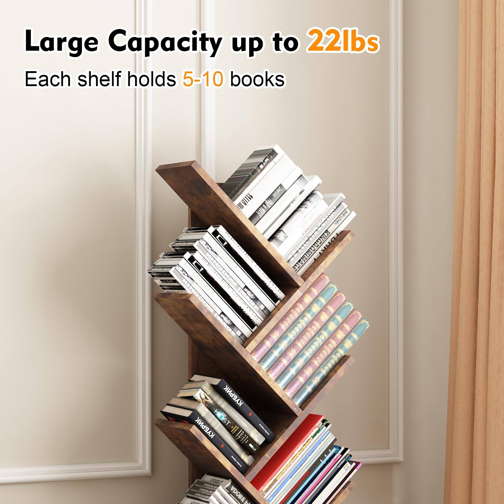 Large Capacity up to 22lbs  
Each shelf holds 5-10 books