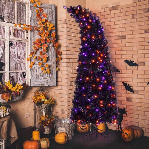 Alt View 9. Winado - 7FT Christmas Tree Bendable, Wizard Hat Shape Artificial with 400 LED Lights Bent for Indoor Party Holiday Decoration - Purple and Orange.