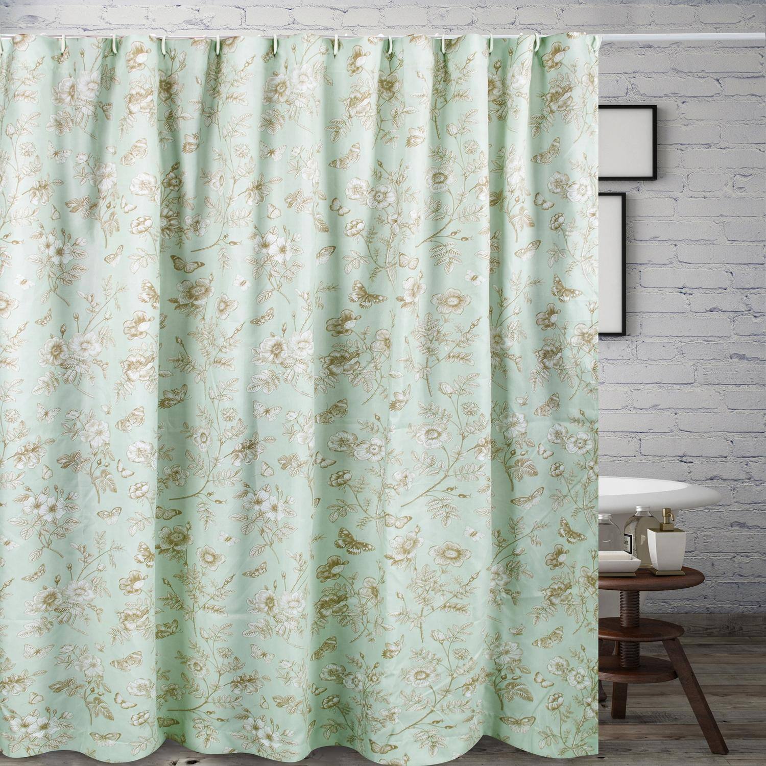 Left. Greenland Home Fashions - Greenland Home Fashions Olivia Floral and Butterfly Print 12 Buttonholes Bath Shower Curtain 72" x 72" Mint - Mint.
