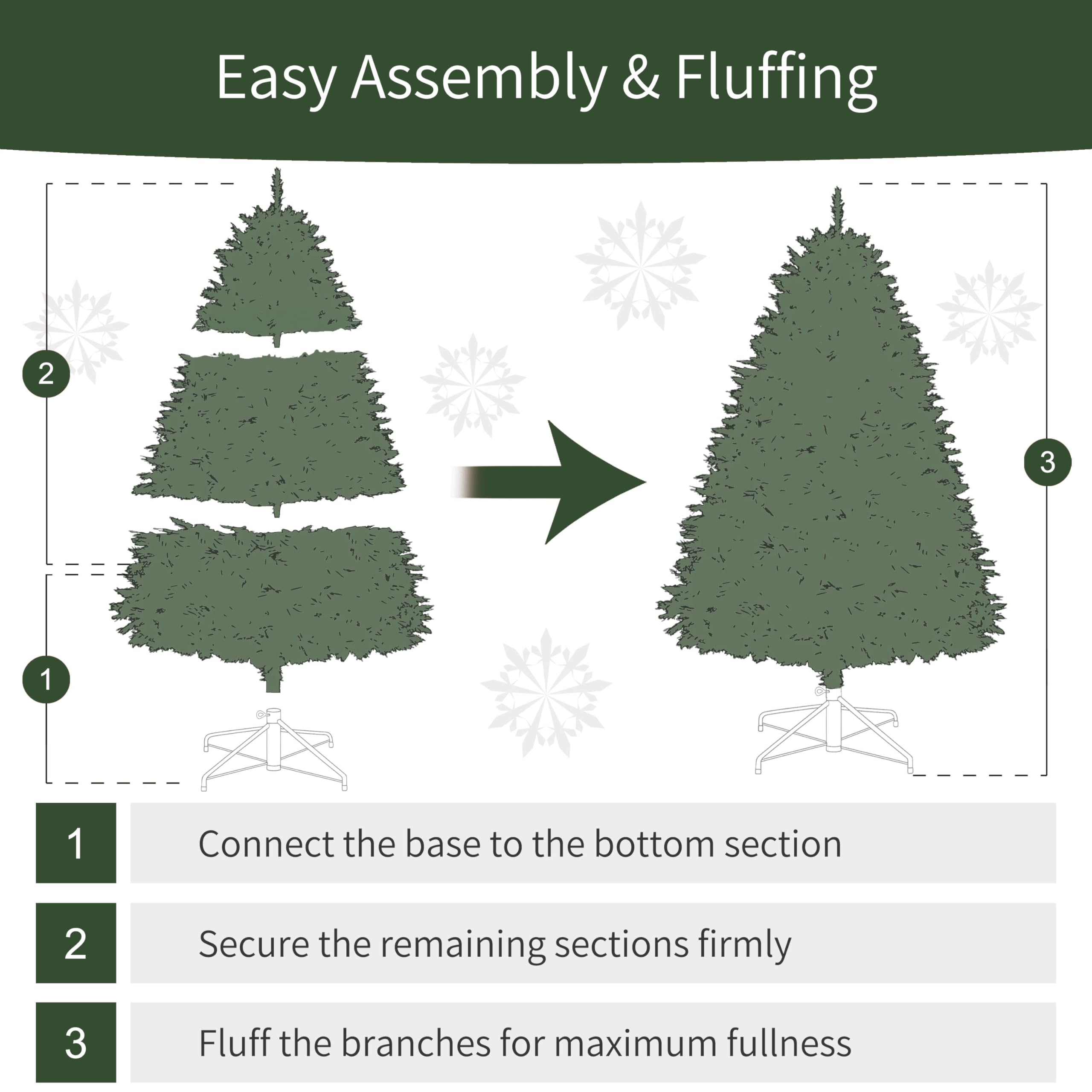 Easy Assembly & Fluffing

1. Connect the base to the bottom section
2. Secure the remaining sections firmly
3. Fluff the branches for maximum fullness