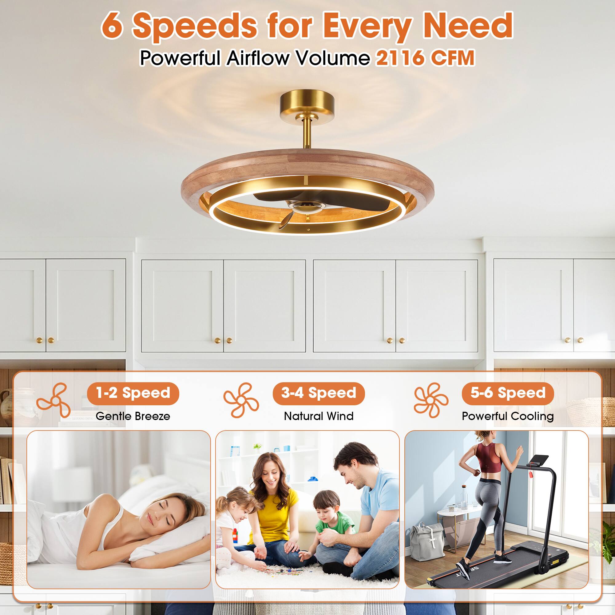 6 Speeds for Every Need  
Powerful Airflow Volume 2116 CFM  

1-2 Speed: Gentle Breeze  
3-4 Speed: Natural Wind  
5-6 Speed: Powerful Cooling
