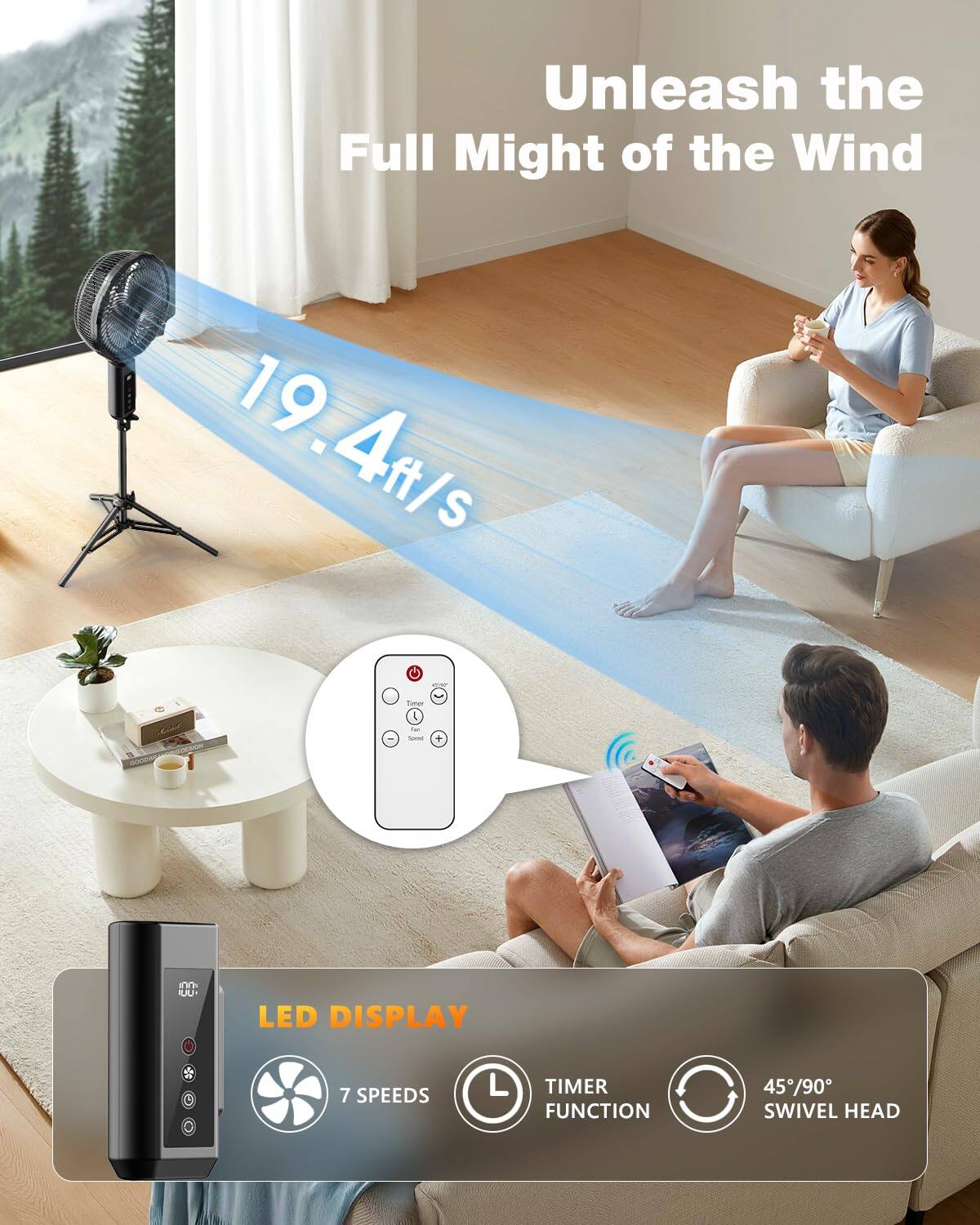 Unleash the Full Might of the Wind  
19.4ft/s  

LED DISPLAY  
7 SPEEDS  
TIMER FUNCTION  
45/90° SWIVEL HEAD