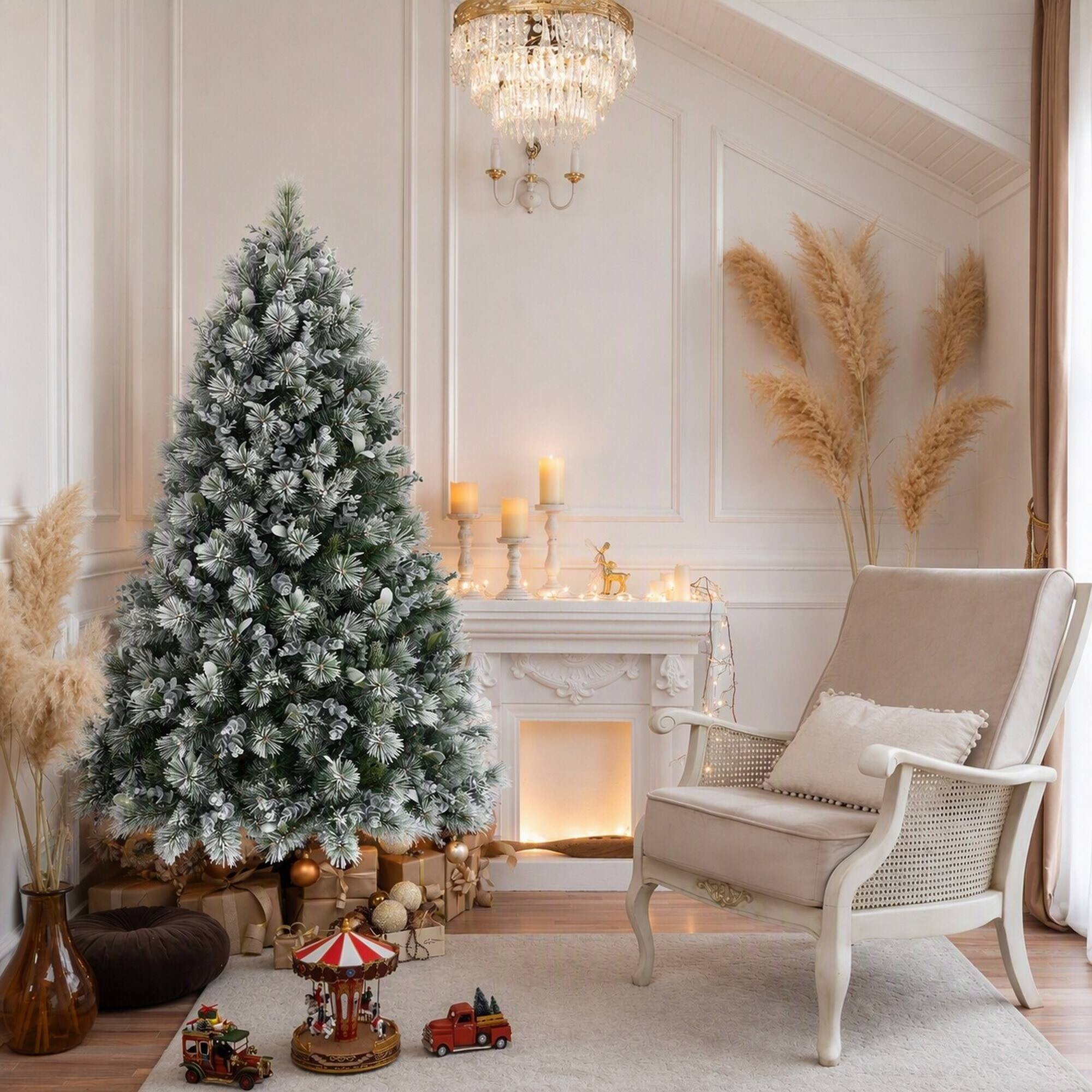 Angle. RYHNUYNE - 4FT Flocked Christmas Tree With Pine Eucalyptus Leaves, 404 Tips Hinged Branches Metal Stand Holiday Winter Decor - White+Green.