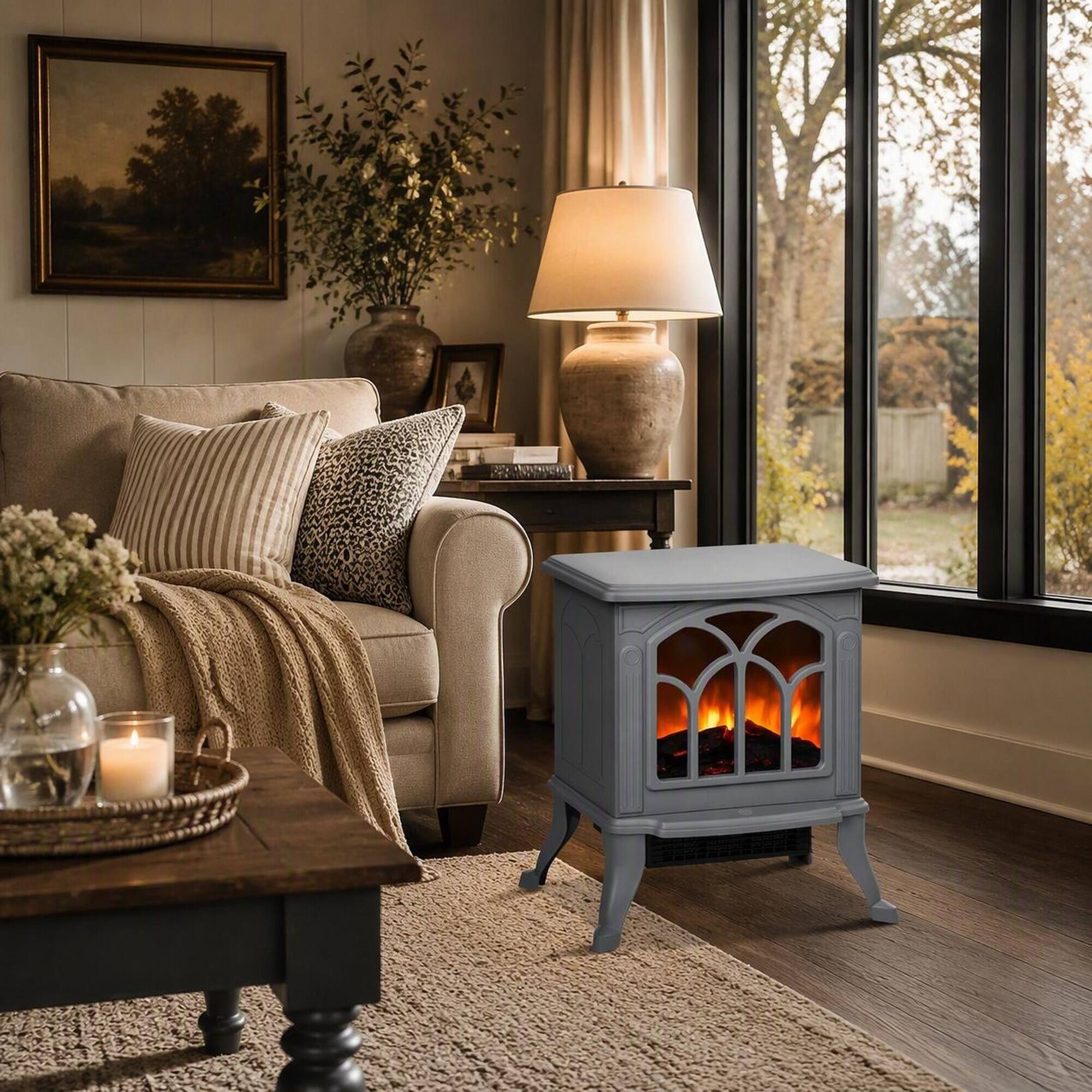 Angle. RYHNUYNE - Freestanding Electric Fireplace Stove with Realistic Logs & Flame Effect, 750W/1500W Heater, Overheat - Gray.
