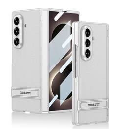 Dteck - Shockproof Leather Texture Case for Samsung Galaxy Z Fold8 Ultra with Stand, Rigid Plastic Cover Built in Screen Film - Silver