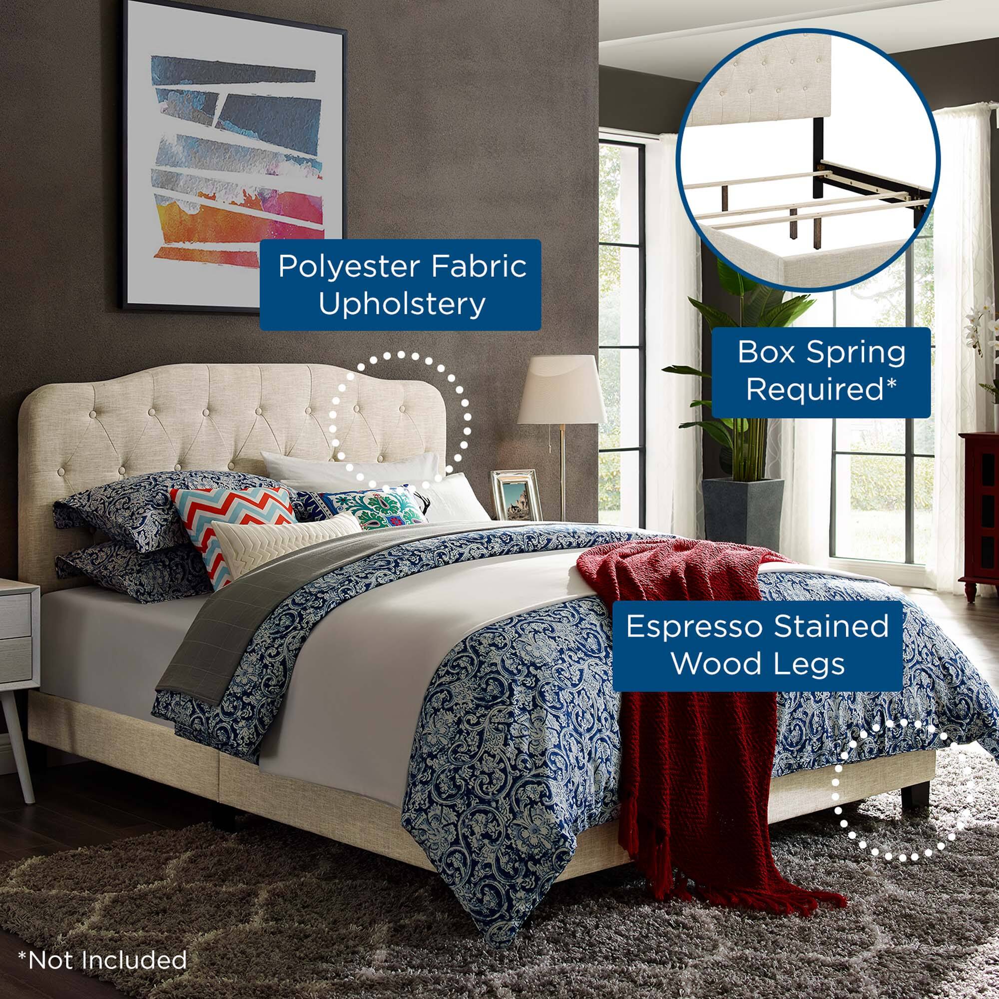 - Polyester Fabric Upholstery
- Box Spring Required*
- Espresso Stained Wood Legs
- *Not Included