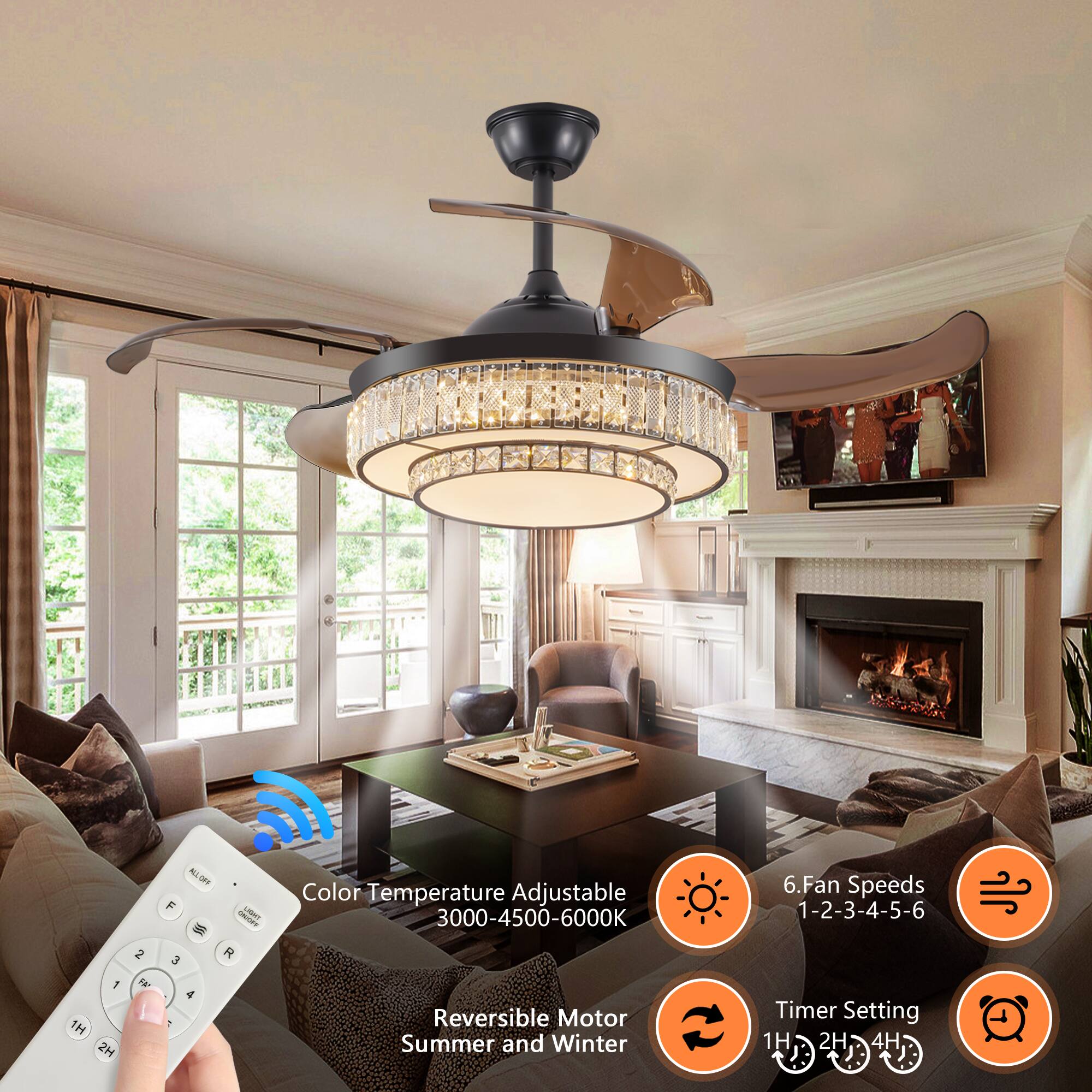 - Color Temperature Adjustable 3000-4500-6000K
- Reversible Motor Summer and Winter
- 6 Fan Speeds 1-2-3-4-5-6
- Timer Setting 1H 2H 4H