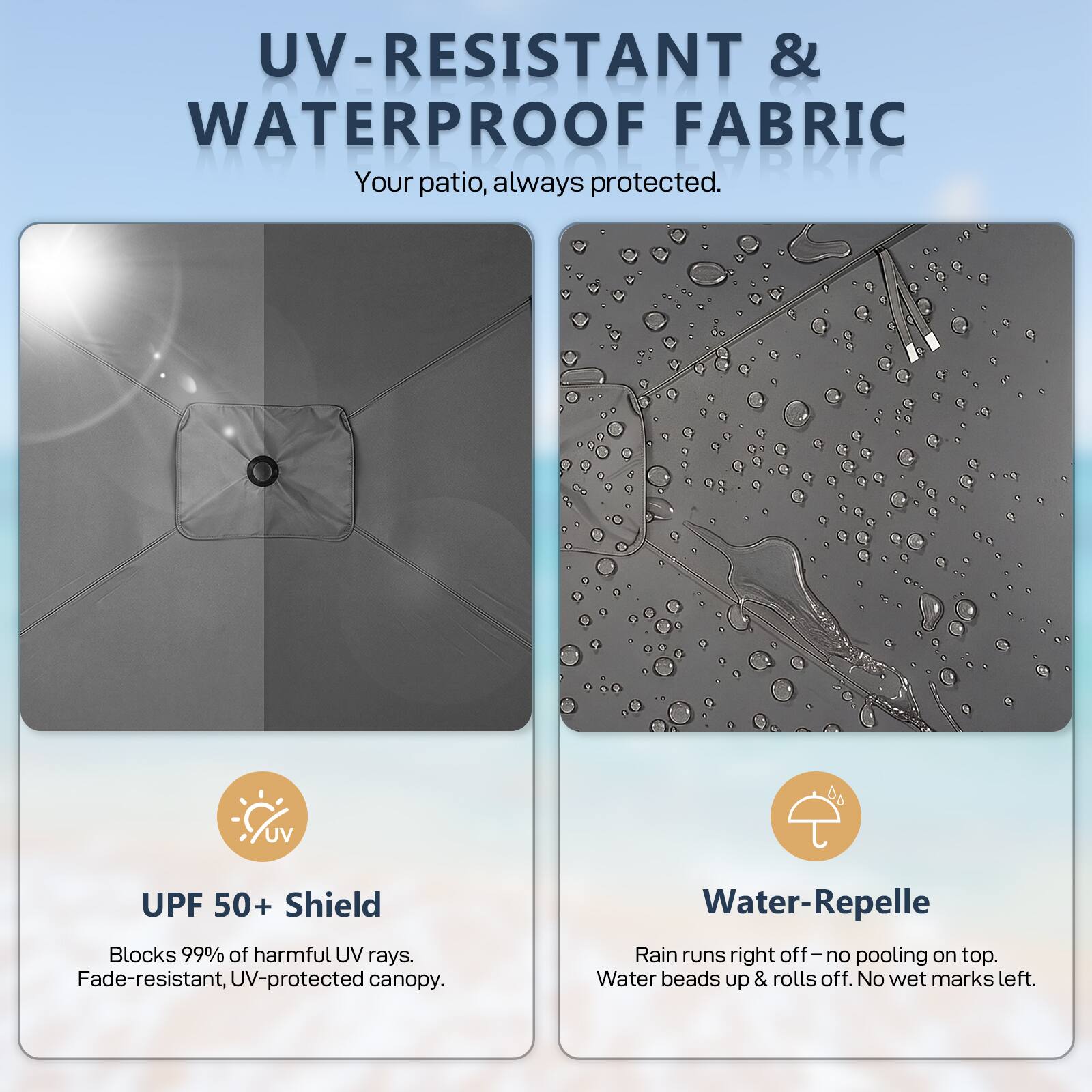 UV-RESISTANT & WATERPROOF FABRIC  
Your patio, always protected.  

UV UPF 50+ Shield  
Blocks 99% of harmful UV rays.  
Fade-resistant, UV-protected canopy.  

Water-Repelle  
Rain runs right off – no pooling on top.  
Water beads up & rolls off. No wet marks left.