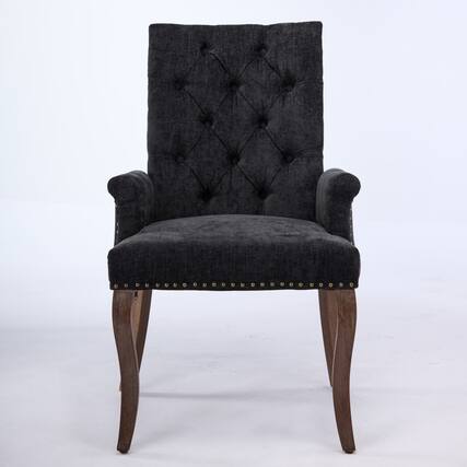 Front. GOODSILO - Upholstered Tufted Accent Dining Chair with Curved Wood Legs and Chenille Fabric in Neutral Beige - Black.