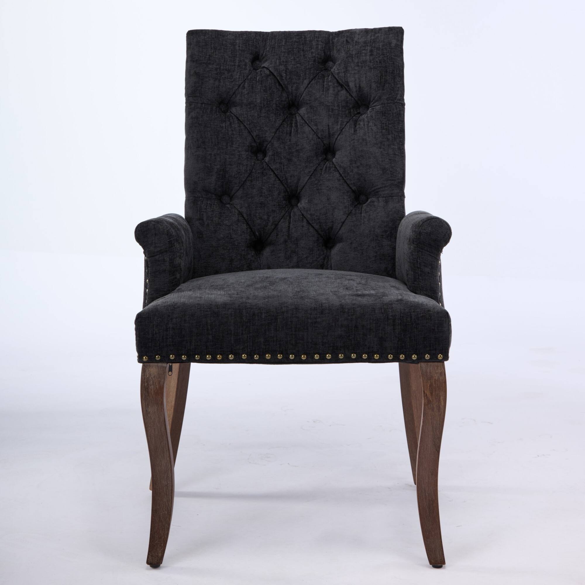 Front. GOODSILO - Upholstered Tufted Accent Dining Chair with Curved Wood Legs and Chenille Fabric in Neutral Beige - Black.