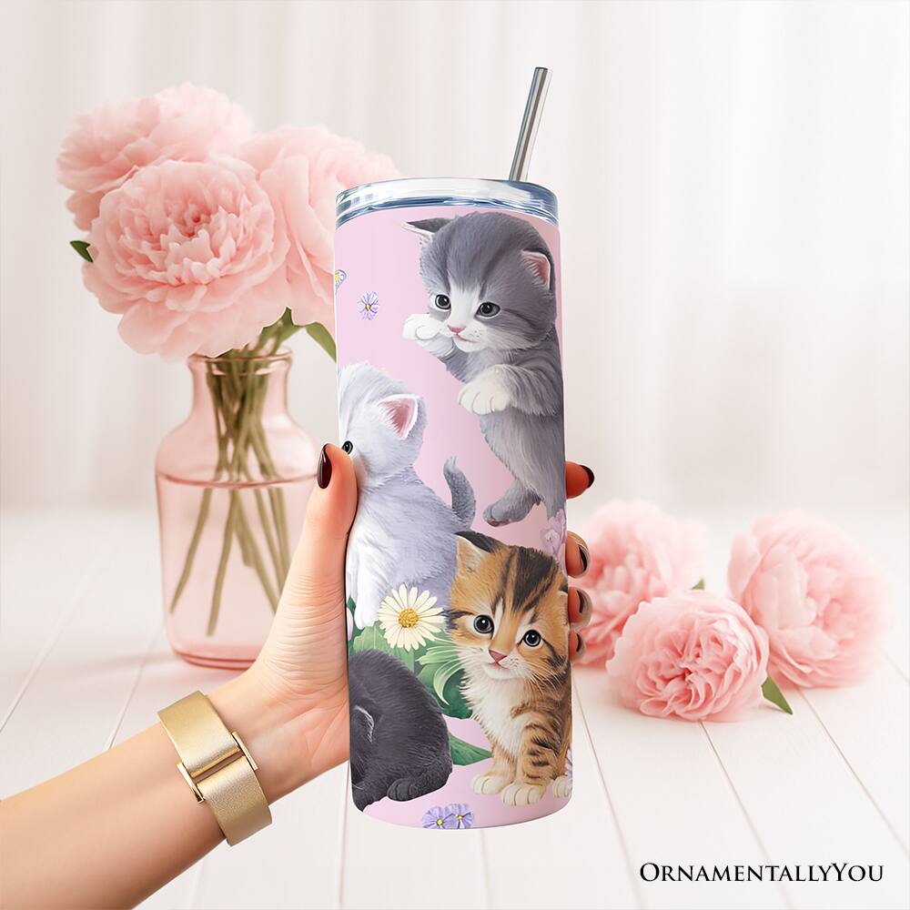 Left. OrnamentallyYou - Cute Kittens Wildflower 20oz Tumbler With Stainless Steel Straw, Cottagecore Botanical Cat Gift Cup - Multicolored.