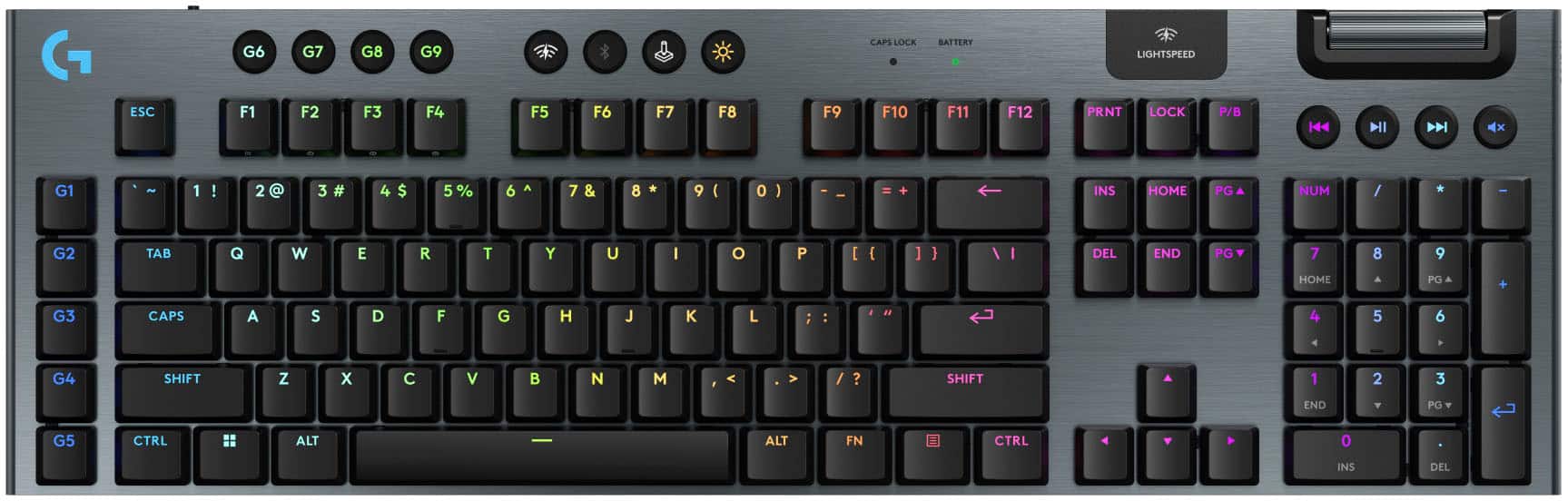 The image shows a keyboard with a variety of keys, including the number keys, function keys, and other special keys. The keys are arranged in rows, with the number keys occupying the bottom row, the function keys in the middle row, and other special keys such as the arrow keys, control keys, and the caps lock key in the top row. The keyboard also has a dedicated key for the battery and a lightspeed key, which may be used for gaming or other specific tasks. The overall layout of the keyboard is designed to provide easy access to all the keys, making it convenient for users to type and navigate through various functions.