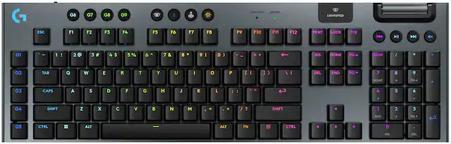 The image shows a keyboard with a variety of keys, including the number keys, function keys, and other special keys. The keys are arranged in rows, with the number keys occupying the bottom row, the function keys in the middle row, and other special keys such as the arrow keys, control keys, and the caps lock key in the top row. The keyboard also has a dedicated key for the battery and a lightspeed key, which may be used for gaming or other specific tasks. The overall layout of the keyboard is designed to provide easy access to all the keys, making it convenient for users to type and navigate through various functions.