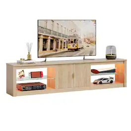 Bestier - 80-inch TV Stand for 75-90 Inch TVs, LED Lights, Fluted Cabinet & Adjustable Shelves - Natual Oak