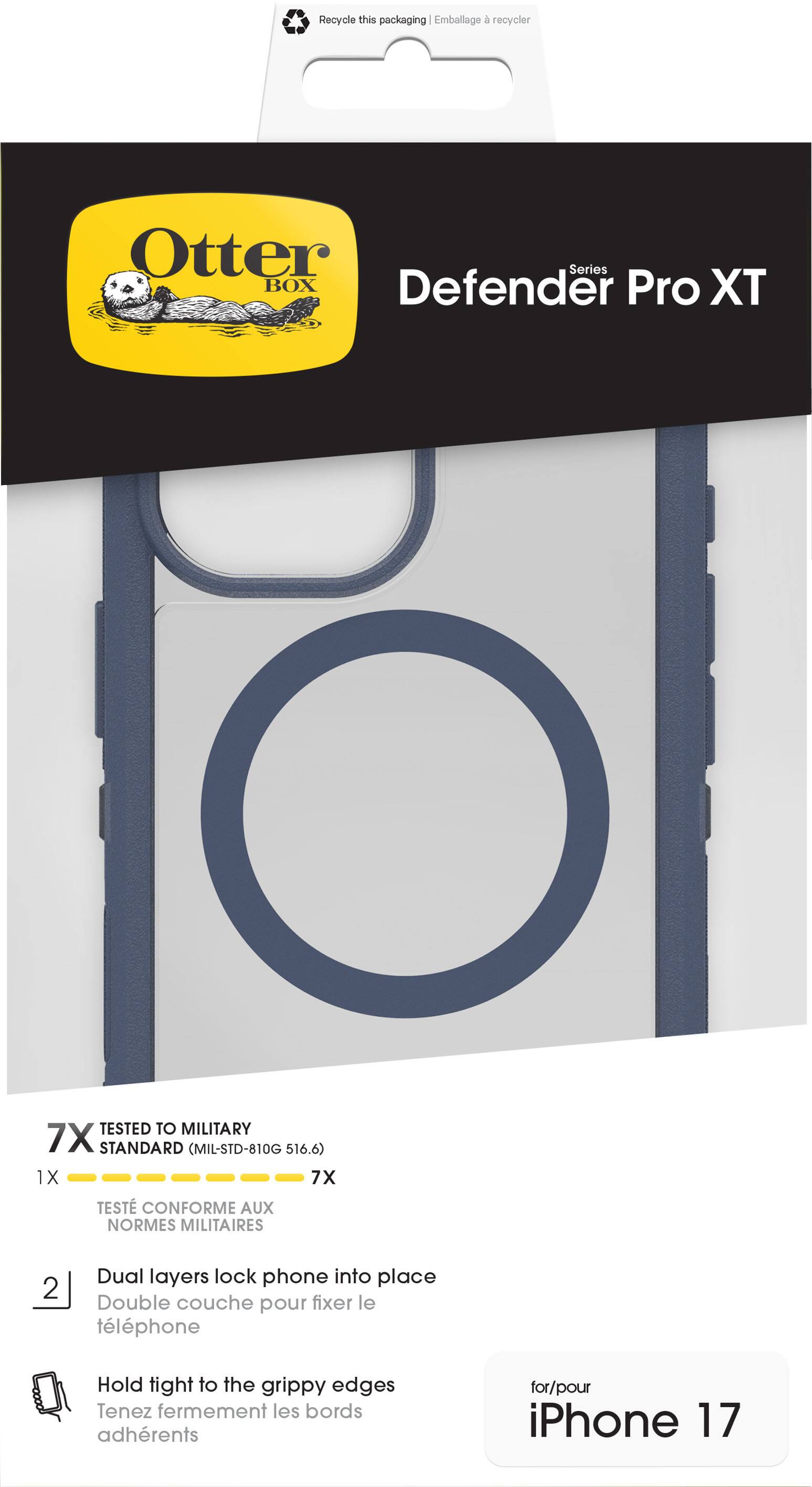 Recycle this packaging  
Emballage à recycler  

Otter Series BOX  
Defender Pro XT  

TESTED TO MILITARY 7X STANDARD (MIL-STD-810G 516.6)  
1X 7X  
TEST CONFORME AUX NORMES MILITAIRES  

Dual layers lock phone into place  
Double couche pour fixer le téléphone  

Hold tight to the grippy edges  
Tenez fermement les bords adhérents  

for/pour iPhone 17