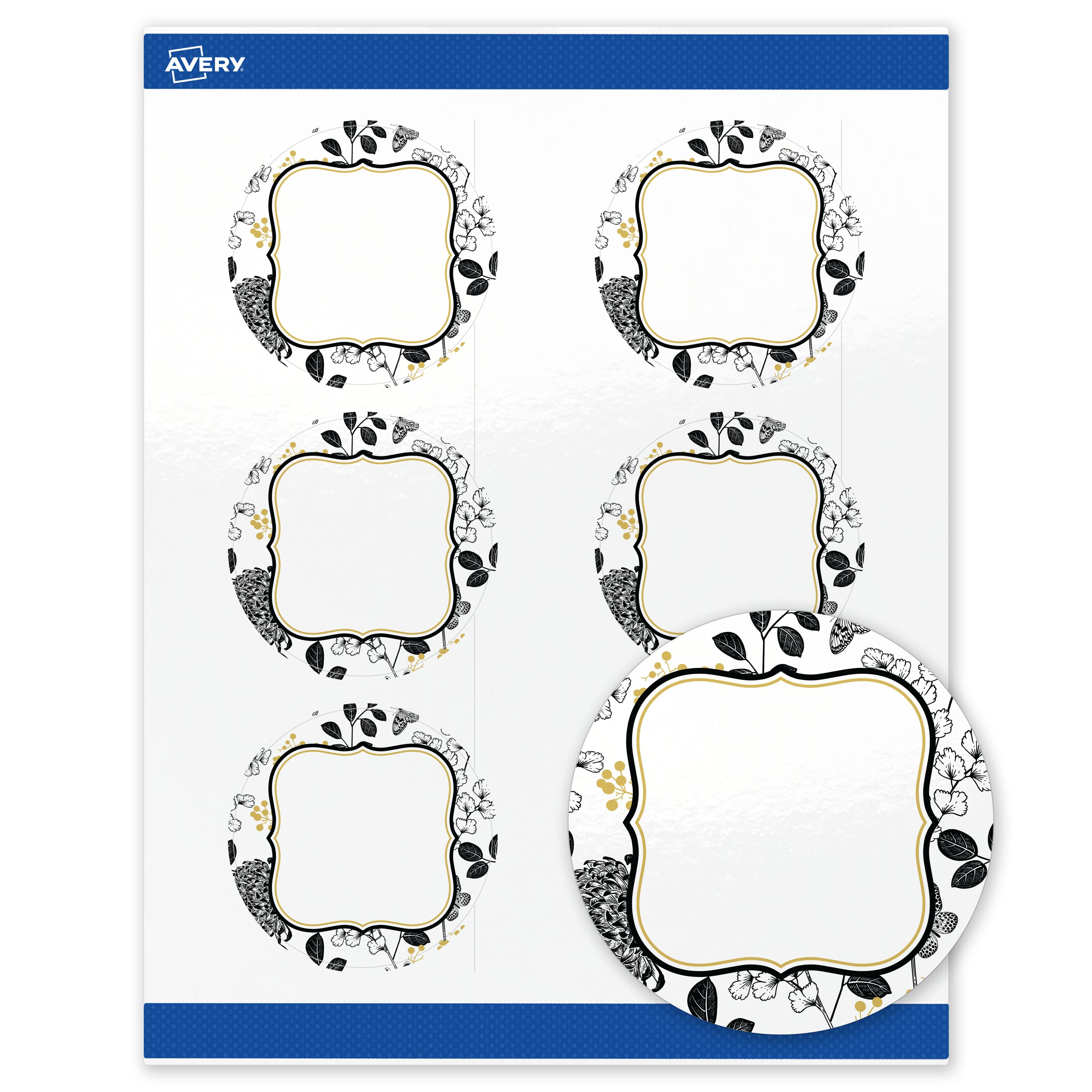 "Avery - Labels, 3"" Diameter, Glossy Gold Flourish & Black Florals - White" price history on PriceWatchPro
