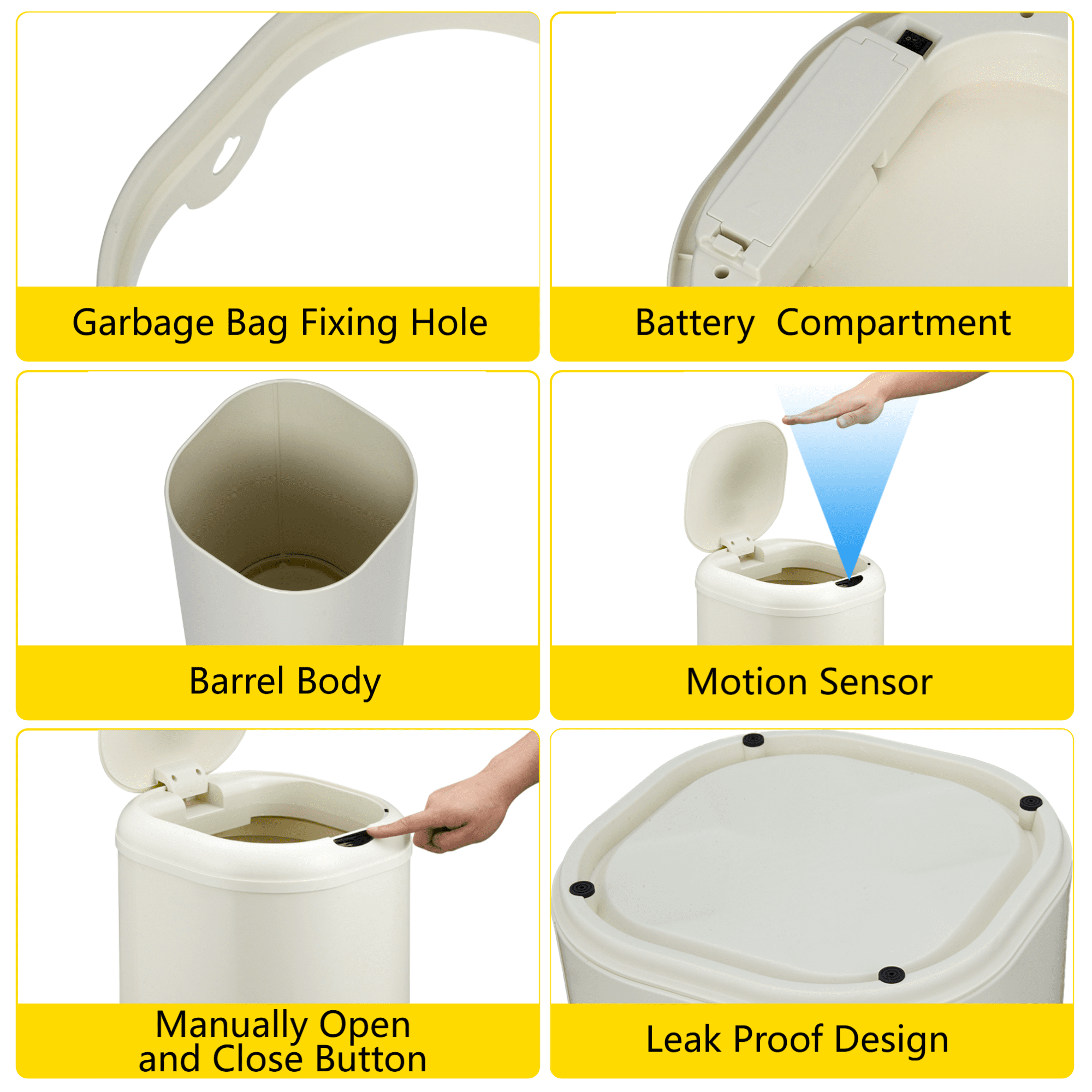 Garbage Bag Fixing Hole  
Battery Compartment  
Barrel Body  
Motion Sensor  
Manually Open and Close Button  
Leak Proof Design