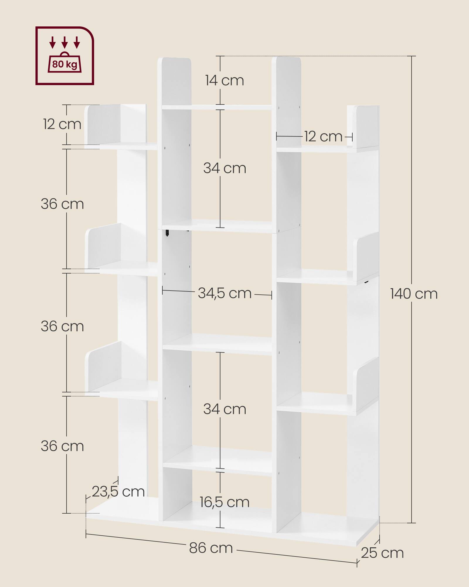 80 kg  
14 cm  
12 cm  
12 cm  
34 cm  
36 cm  
34,5 cm  
140 cm  
36 cm  
34 cm  
36 cm  
23,5 cm  
16,5 cm  
86 cm  
25 cm