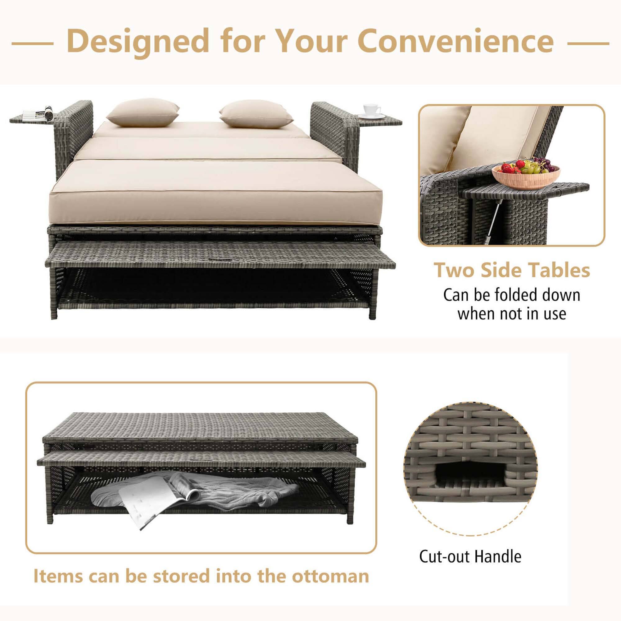 Designed for Your Convenience: Two Side Tables Can be folded down when not in use. Items can be stored into the ottoman. Cut-out Handle.