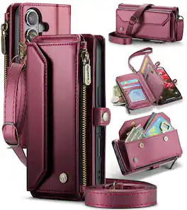 Dteck - Crossbody Wallet Case for Apple iPhone 17 with Card Slots and Zipper Pocket, Shockproof RFID Blocking PU Leather Cover - Winered