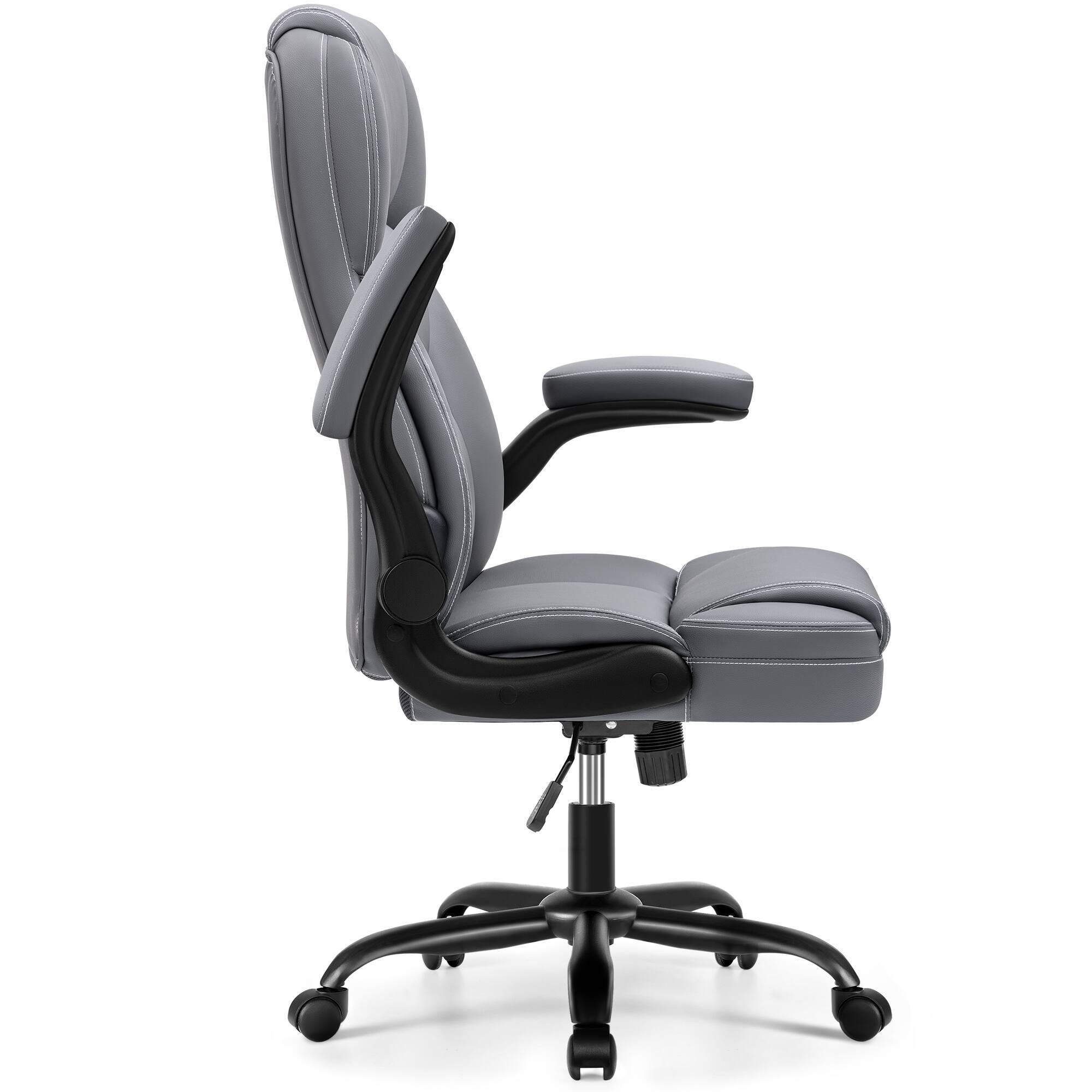 Left. Brick Attic - PU Leather Executive Office Chair with Flip-Up Armrests, Ergonomic High-Back Gaming Chair with Adjustable Height - Grey.