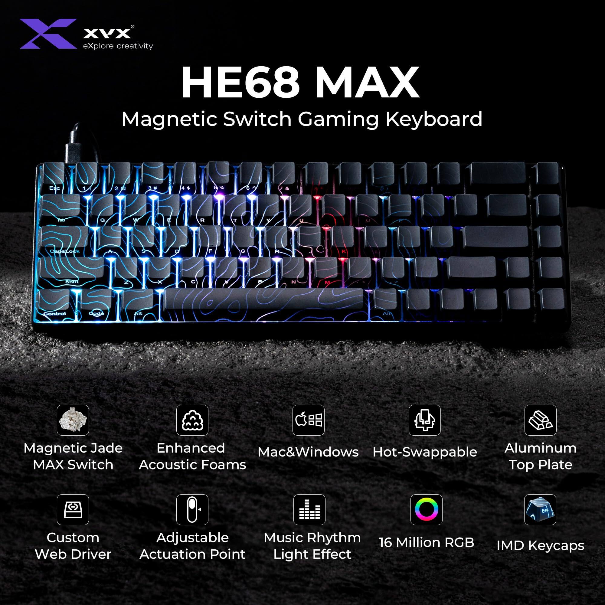 - X XVX explore creativity
- HE68 MAX Magnetic Switch Gaming Keyboard
- Magnetic Jade MAX Switch
- Enhanced Acoustic Foams
- Mac&Windows
- Hot-Swappable
- Aluminum Top Plate
- Custom Web Driver
- Adjustable Actuation Point
- Music Rhythm Light Effect
- 16 Million RGB
- IMD Keycaps