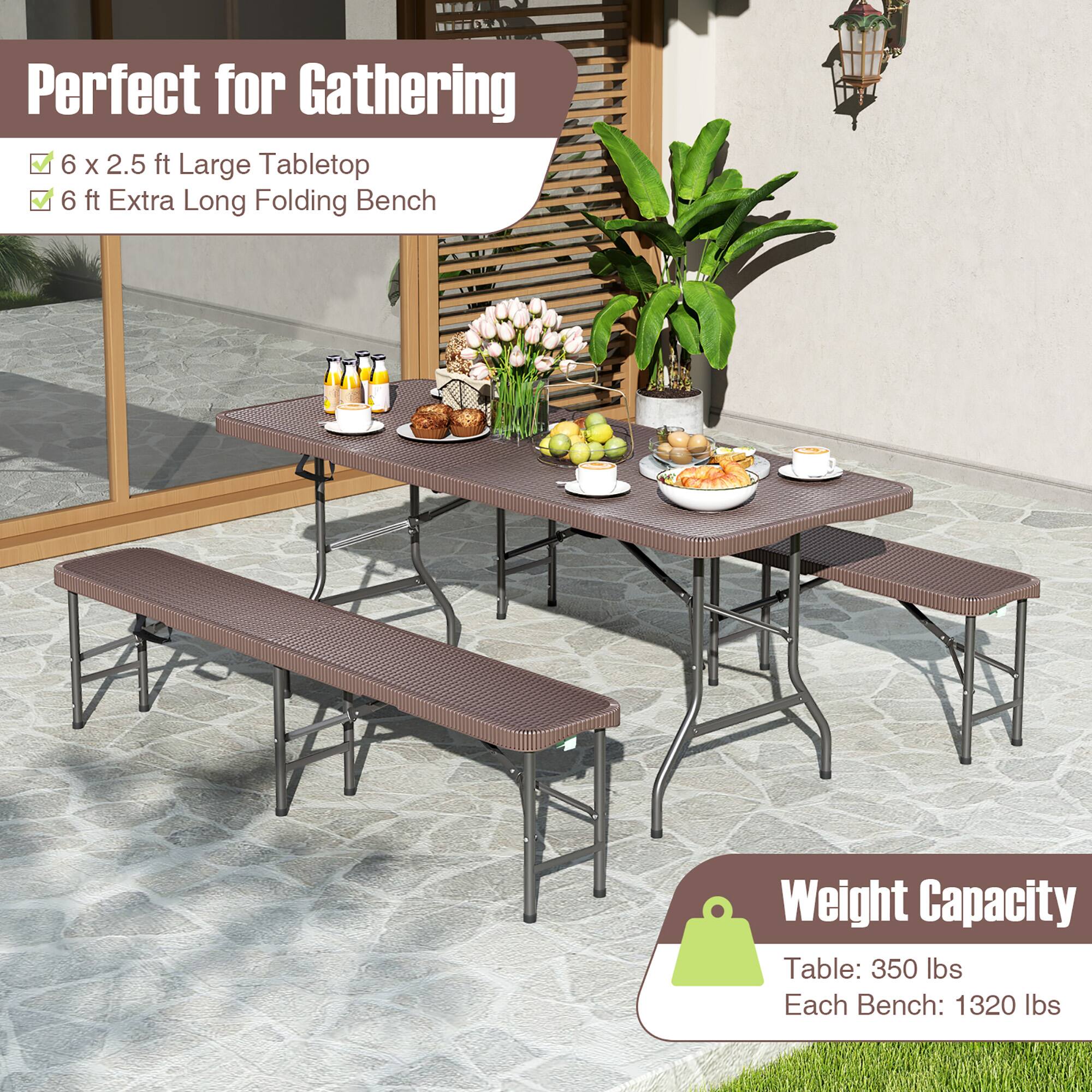 Perfect for Gathering

- 6 x 2.5 ft Large Tabletop
- 6 ft Extra Long Folding Bench

Weight Capacity
- Table: 350 lbs
- Each Bench: 1320 lbs