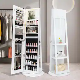 Costway - 360° Swivel Jewelry Cabinet Organizer 3-Color LED Mirror with Built-in Lights - White