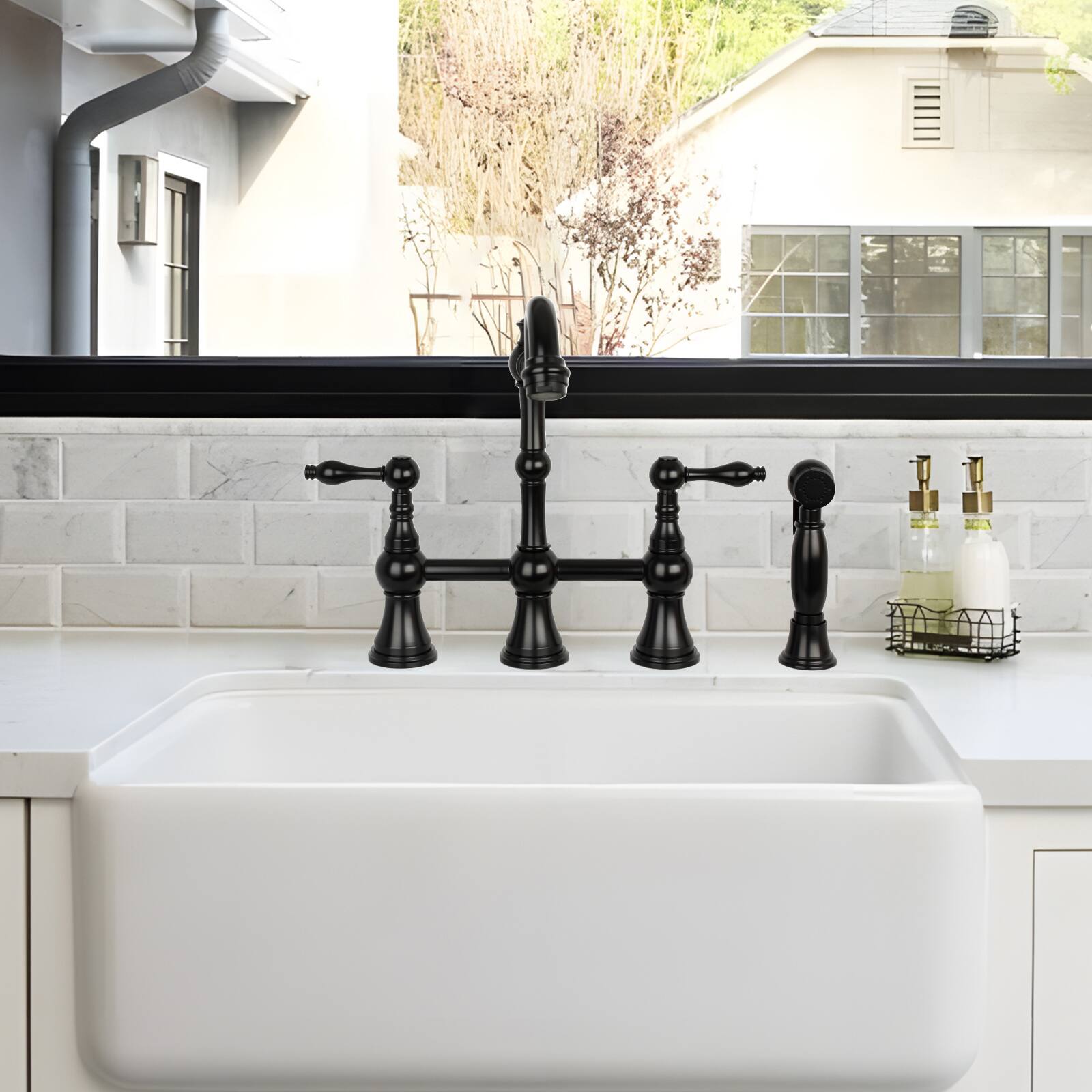 Alt View 8. Akicon - Akicon Solid Brass Bridge Kitchen Faucets with Side Sprayer 2 Lever Handles in Matte Black - Matte Black.