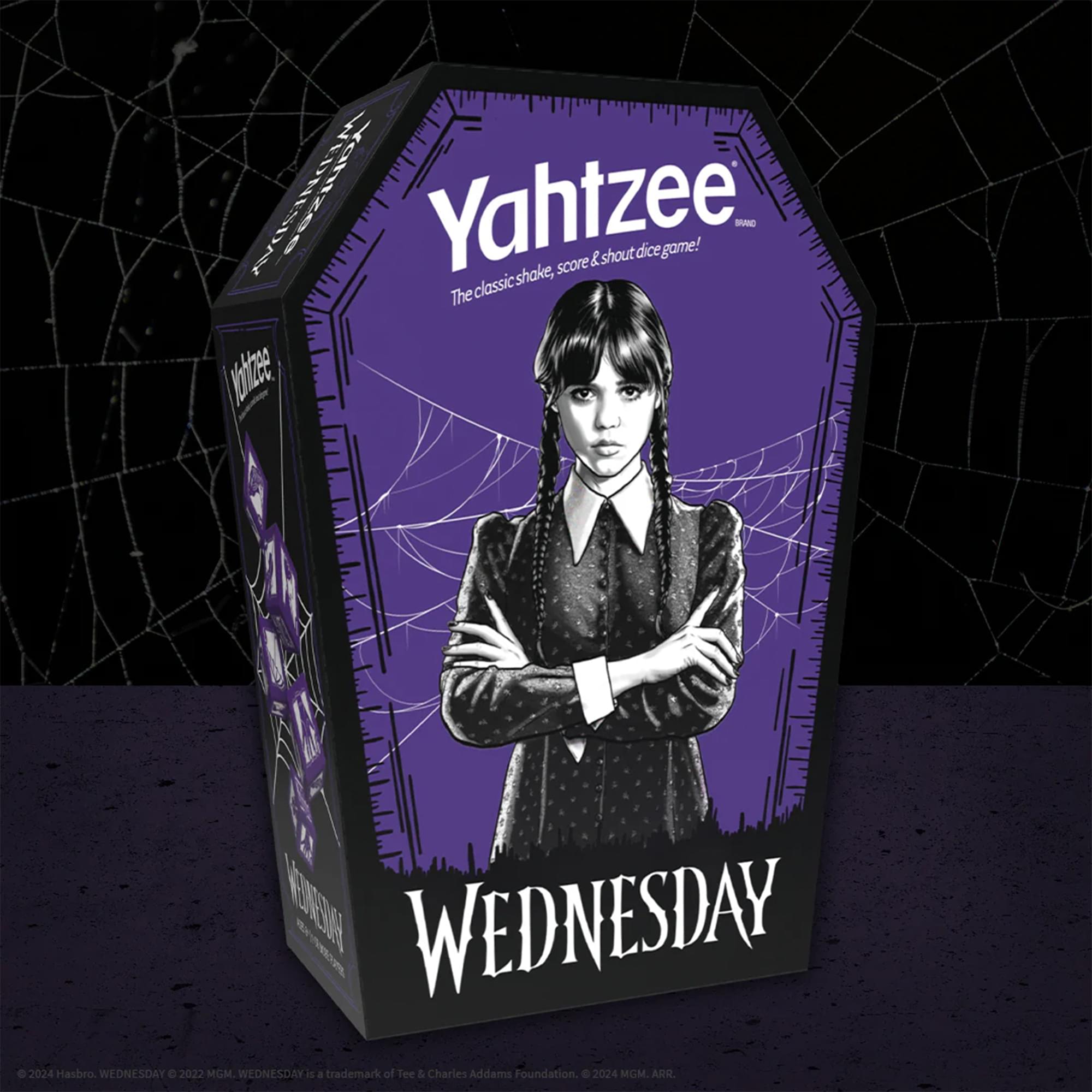 Yahtzee - The classic shake, score & shout dice game!  
WEDNESDAY  
© 2024 Hasbro. WEDNESDAY © 2022 MGM. WEDNESDAY is a trademark of Tee & Charles Addams Foundation.