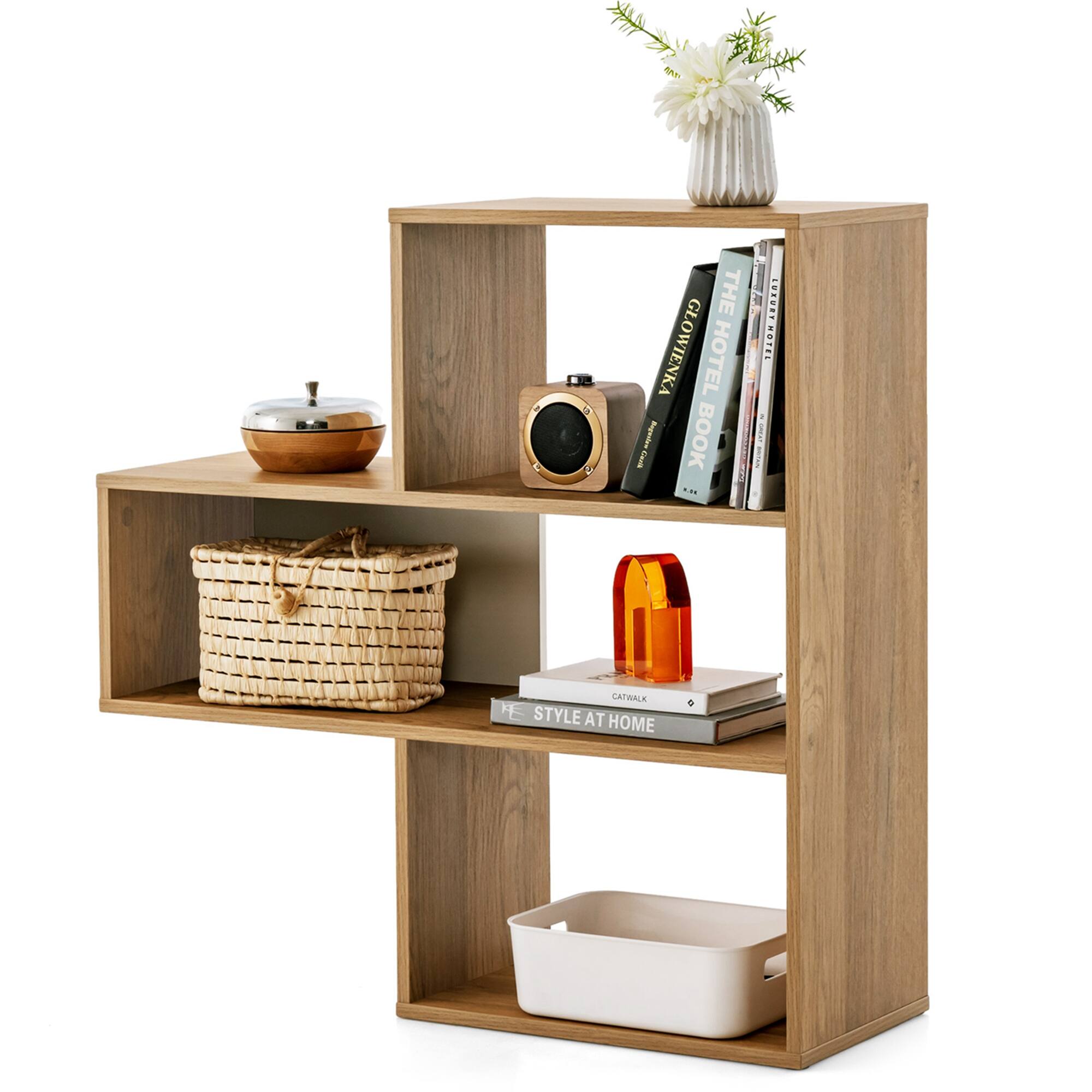 Costway - 3-Shelf Convex Bookshelf Room Organizer with Anti-Toppling Device Freestanding - Natural
