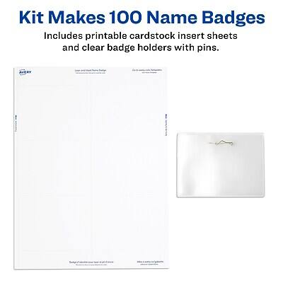Kit Makes 100 Name Badges  
Includes printable cardstock insert sheets and clear badge holders with pins.

AVERY

Kit Makes 100 Name Badges  
Includes printable cardstock insert sheets and clear badge holders with pins.

AVERY

Kit Makes 100 Name Badges  
Includes printable cardstock insert sheets and clear badge holders with pins.