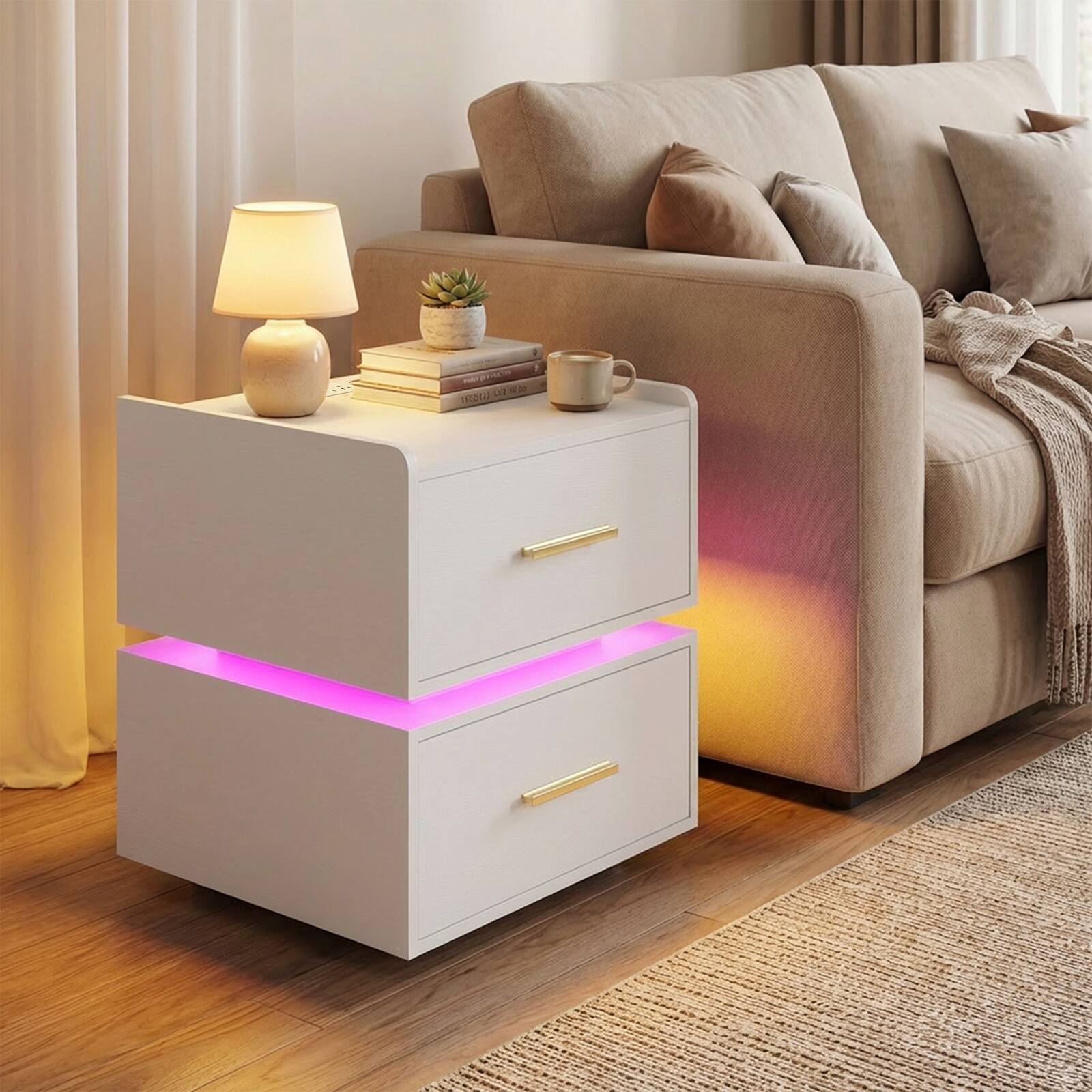 Alt View 1. Costway - Costway 1 PCS Nightstand with Charging Station,LED Bedside Table with 2 Storage Drawers - White.