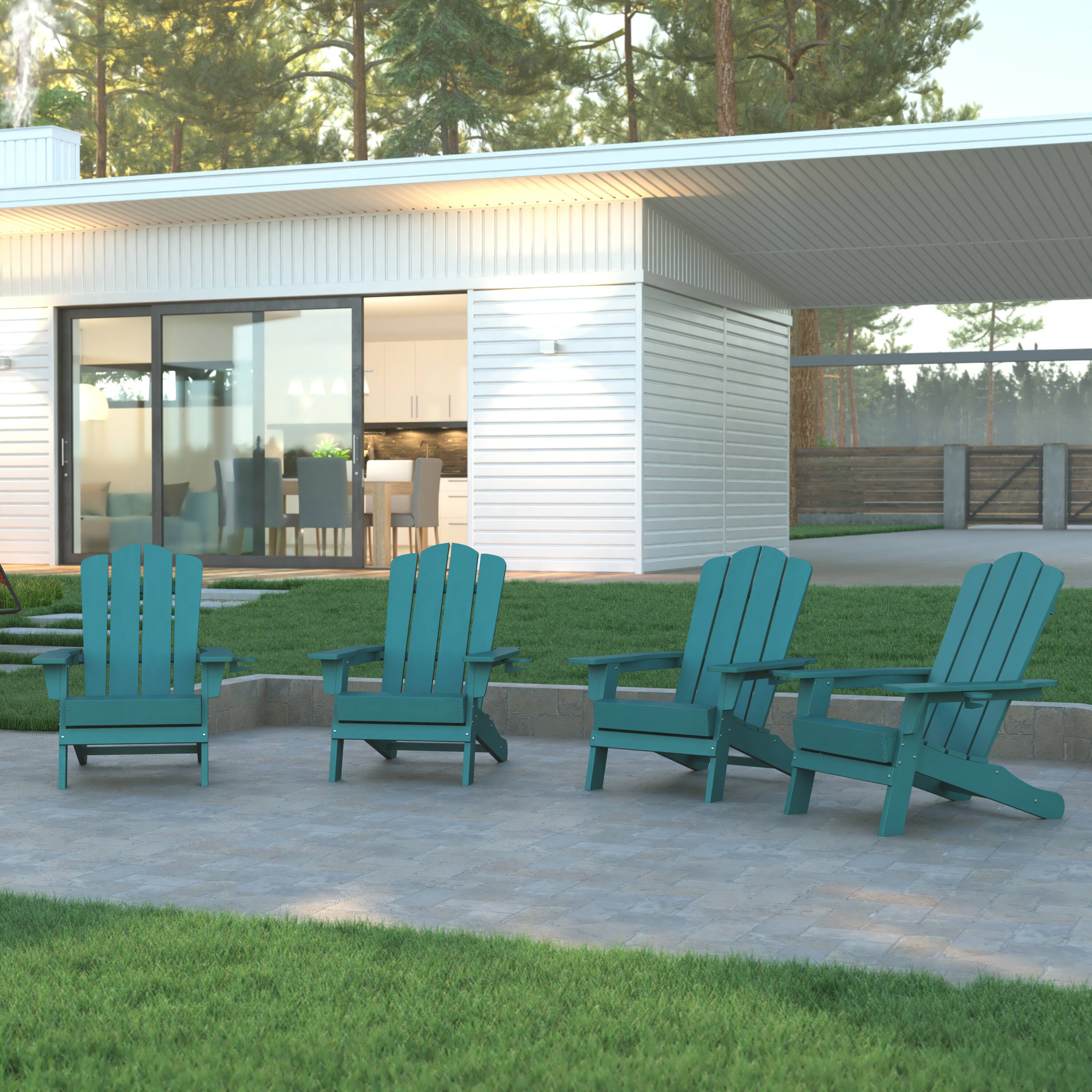 Alt View 2. Emma + Oliver - Tiverton Set of 4 Adirondack Chairs with Cup Holders, Weather Resistant HDPE Adirondack Chairs - Blue.