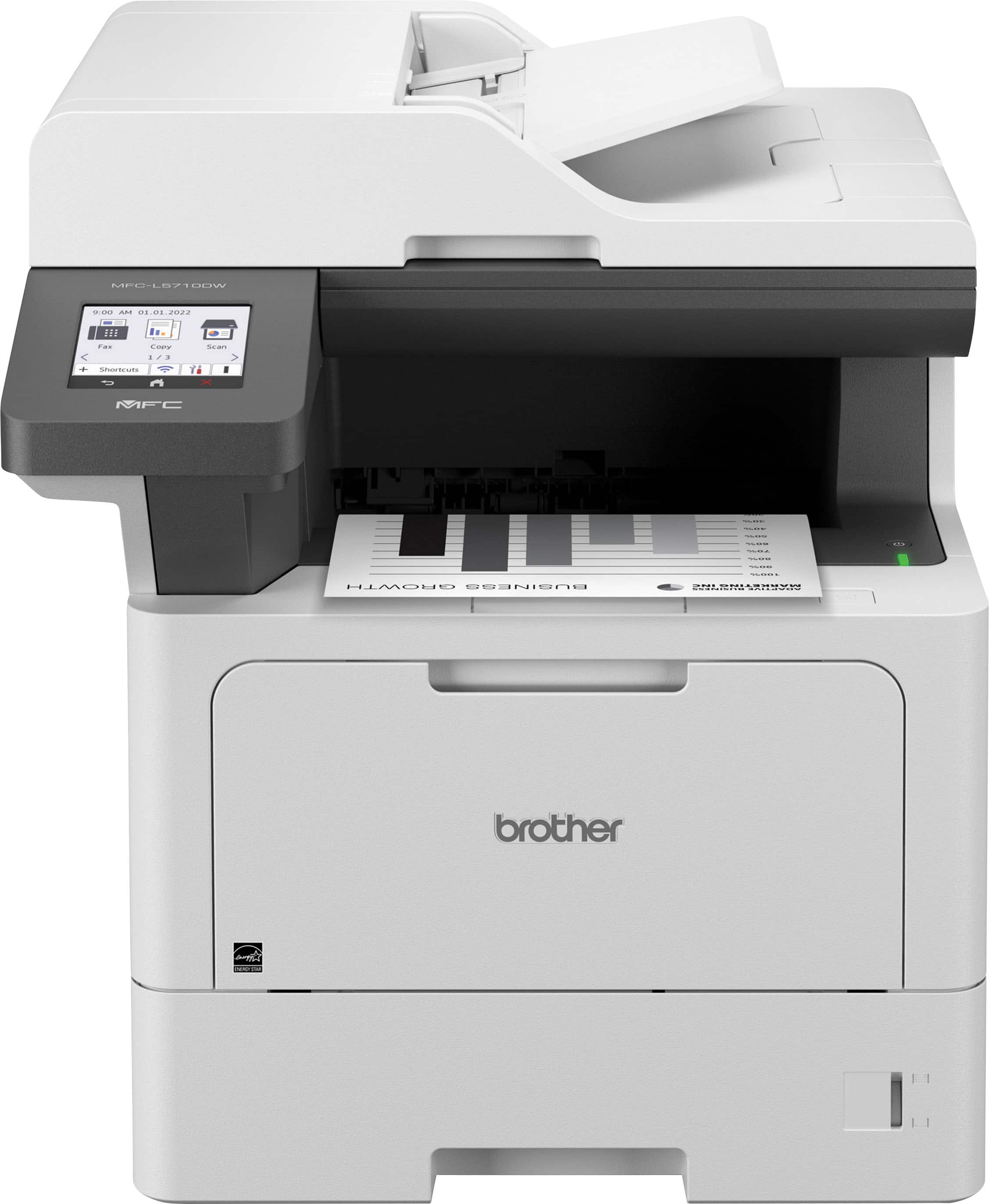 The image shows a Brother printer with a white and black color scheme. The printer is sitting on top of a desk, and it is ready to print. The printer is equipped with a paper tray and a control panel, which allows for easy operation and management of print jobs. The Brother printer is designed to provide high-quality printing and is suitable for various office tasks and personal use.