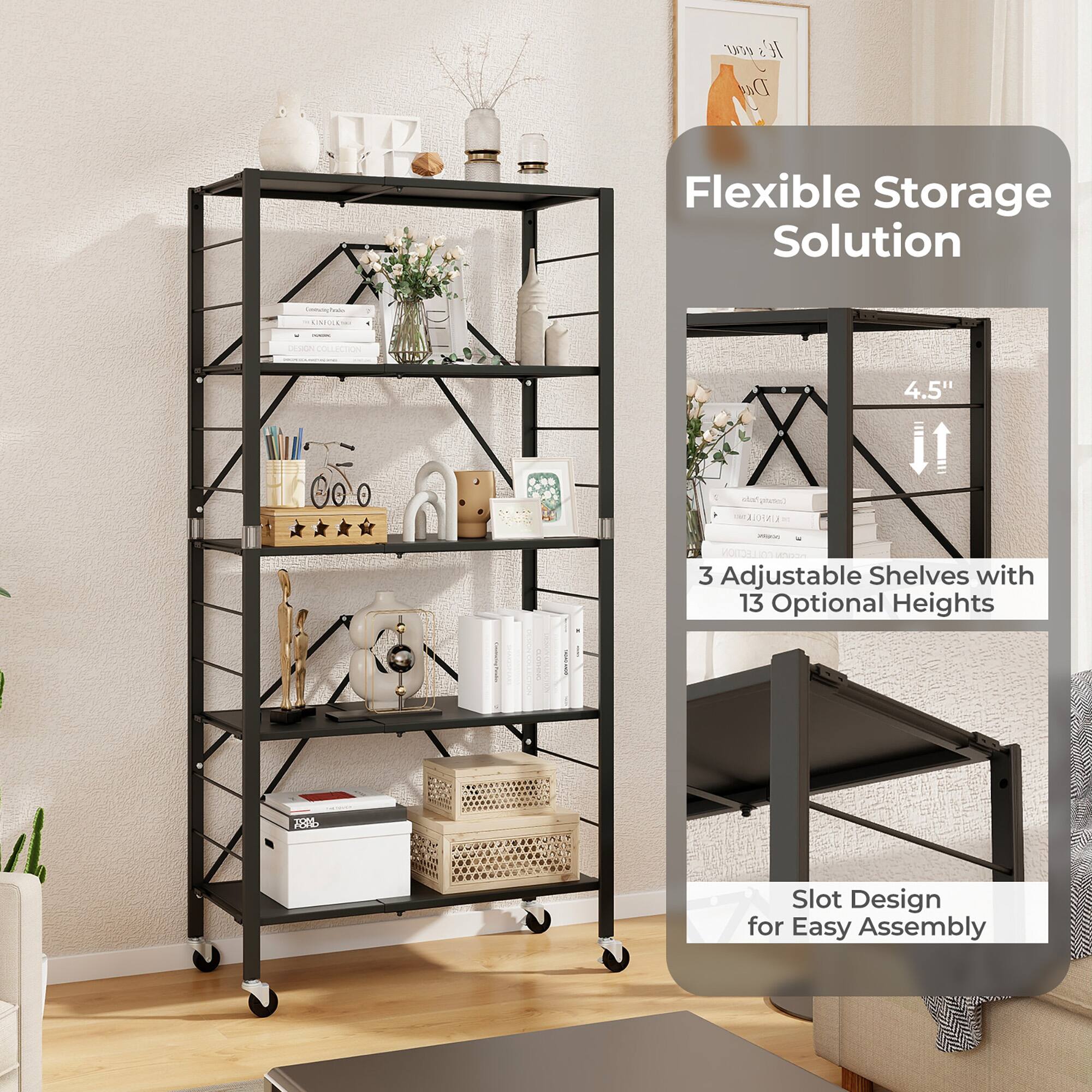 Alt View 5. Gymax - Gymax 5-Tier Foldable Storage Shelf w/ Wheels Adjustable Shelves Metal Shelving Unit - Black.
