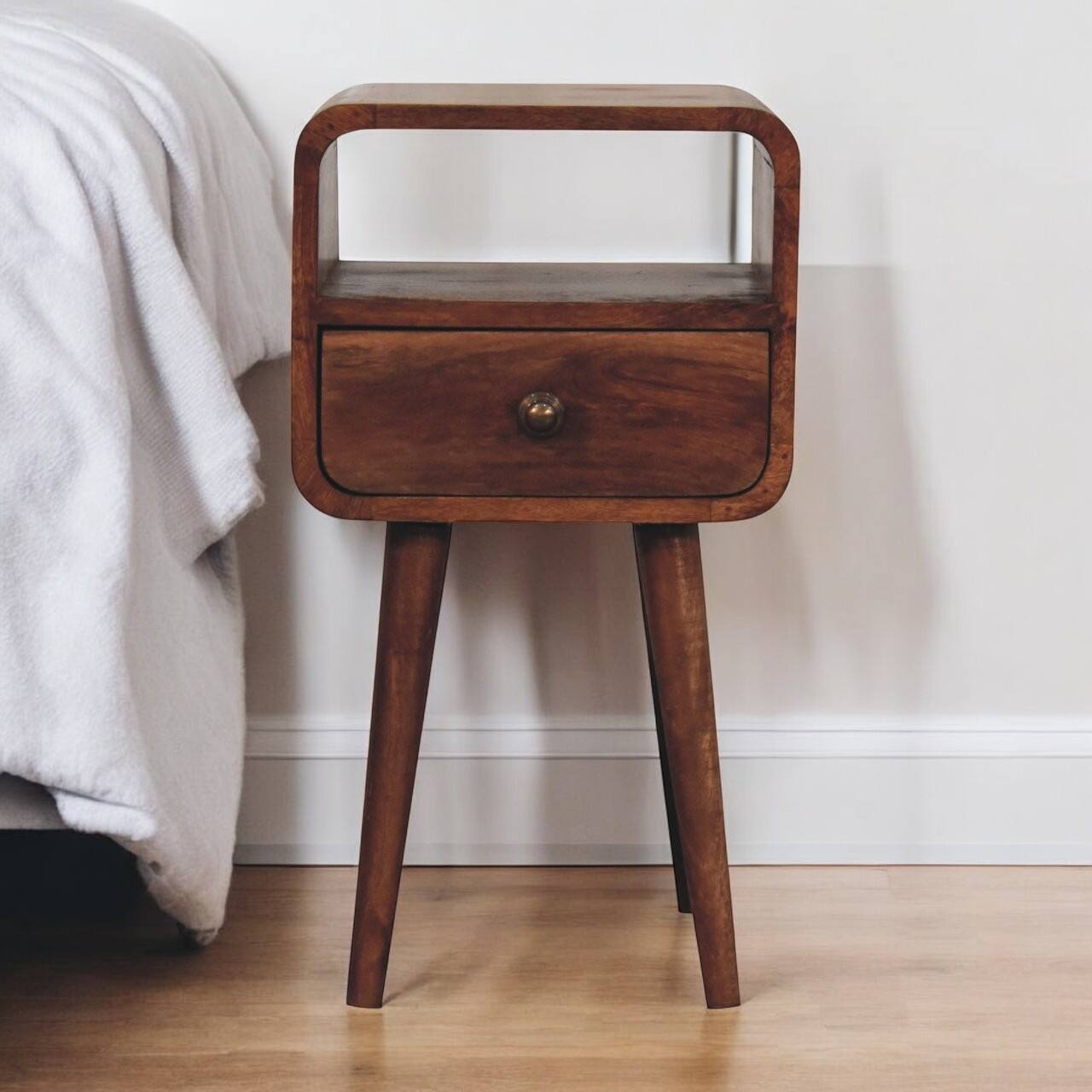 Angle. Artisan Furniture - Artisan Furniture Solid Wood Mini Honey Caramel Curved Bedside with Open Slot, 1 Drawer, Brown - Brown.