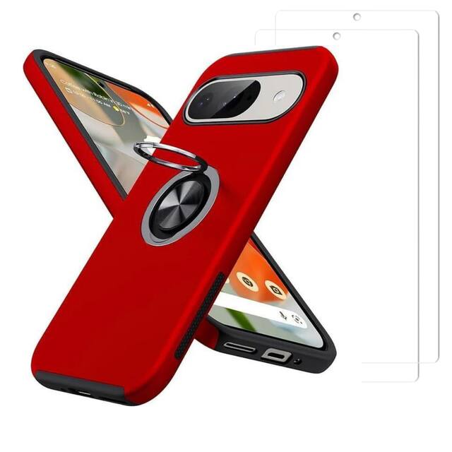 Front. Entronix - Entronix Complete Protection Bundle for Google Pixel 9 - 360º Circular Ring Gripstand with 2 Clear Screen Protectors - Red.