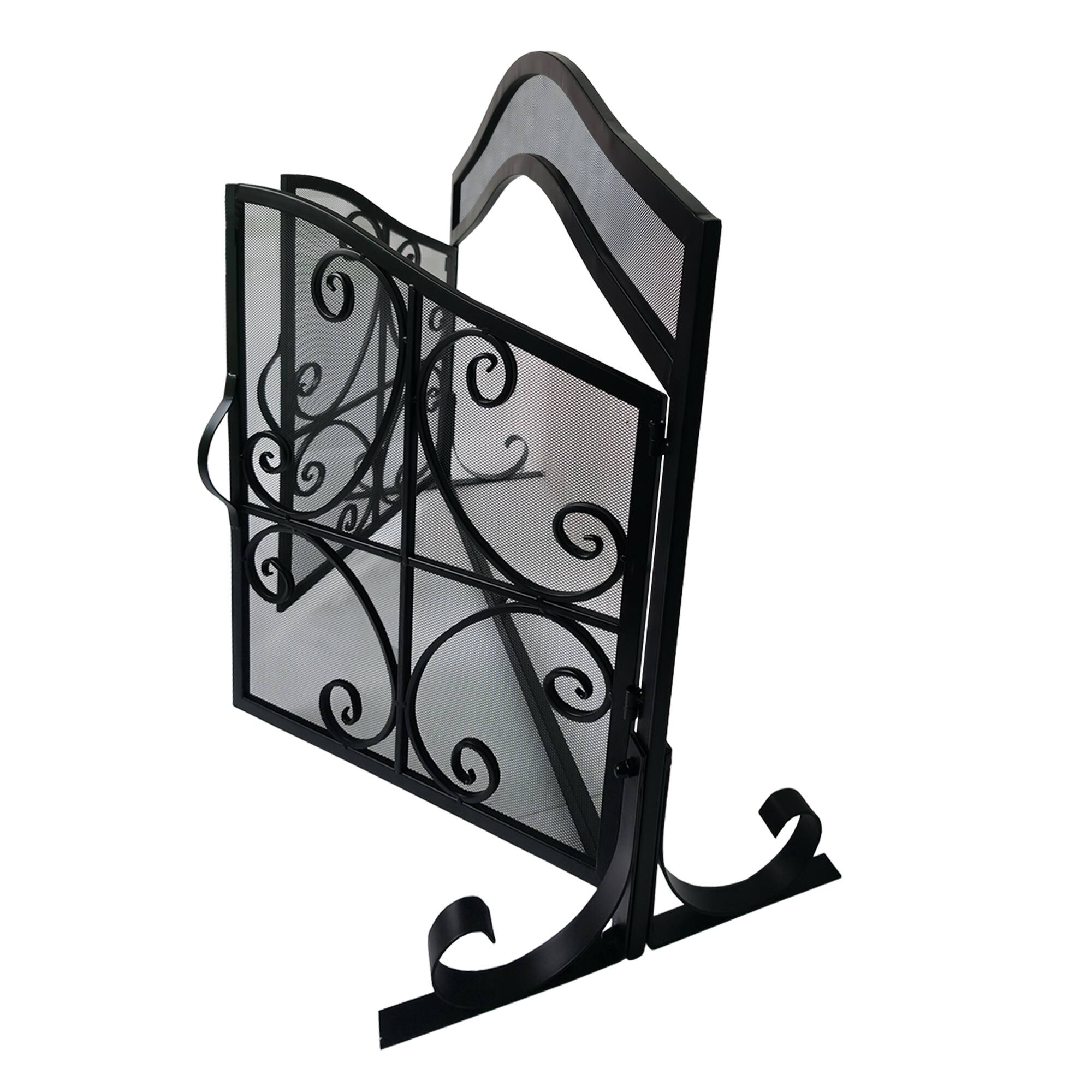 Alt View 3. Manhattan Lane - 43 Inches 2 Door Iron Fireplace Screen, Mesh Design, Scrollwork - Black.