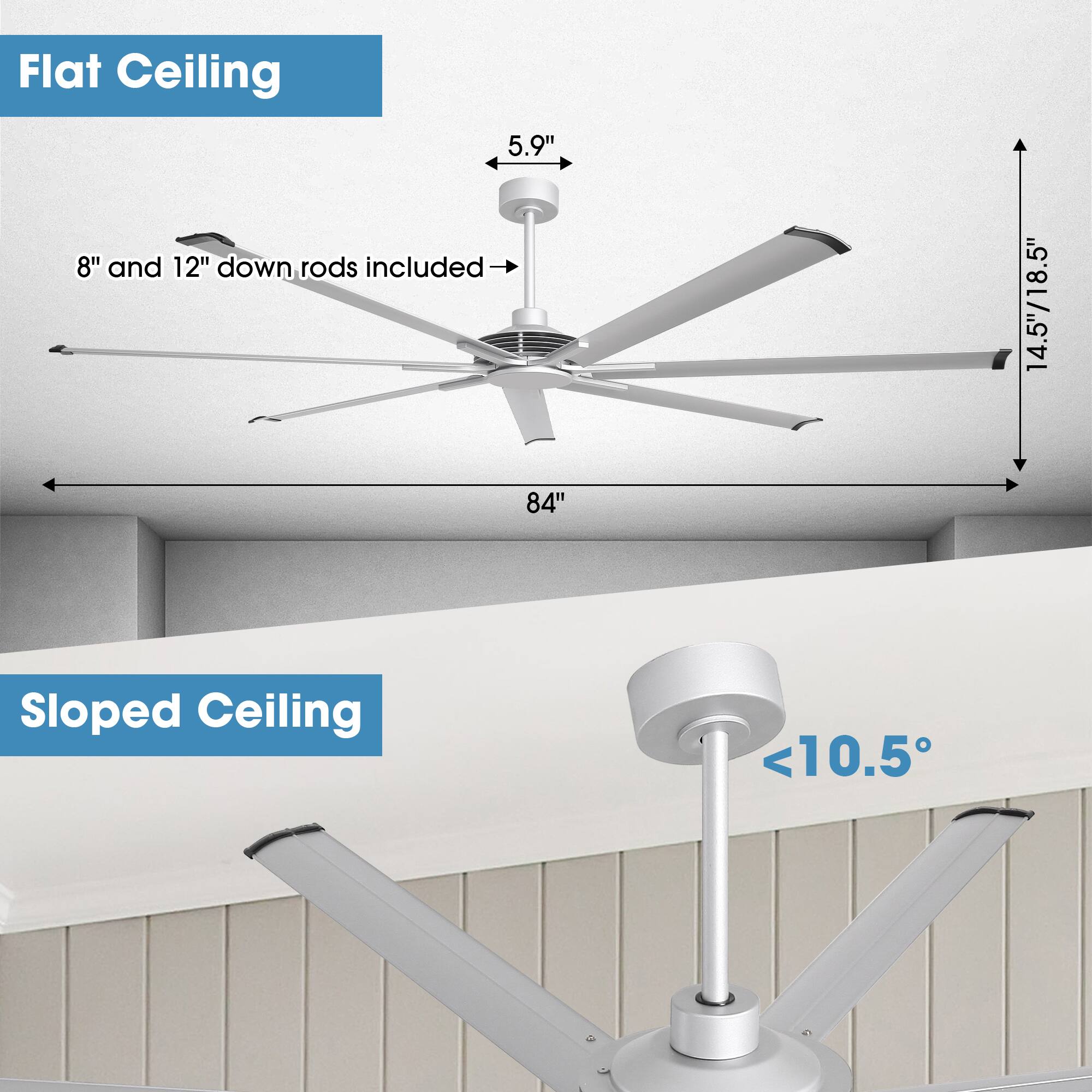 Flat Ceiling  
5.9"  
8" and 12" down rods included  
14.5"/18.5"  
84"  

Sloped Ceiling  
<10.5°
