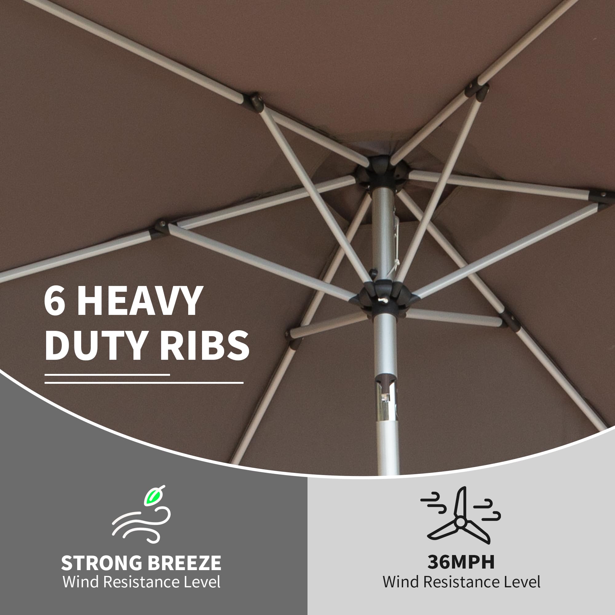 6 HEAVY DUTY RIBS

STRONG BREEZE  
Wind Resistance Level

36MPH  
Wind Resistance Level