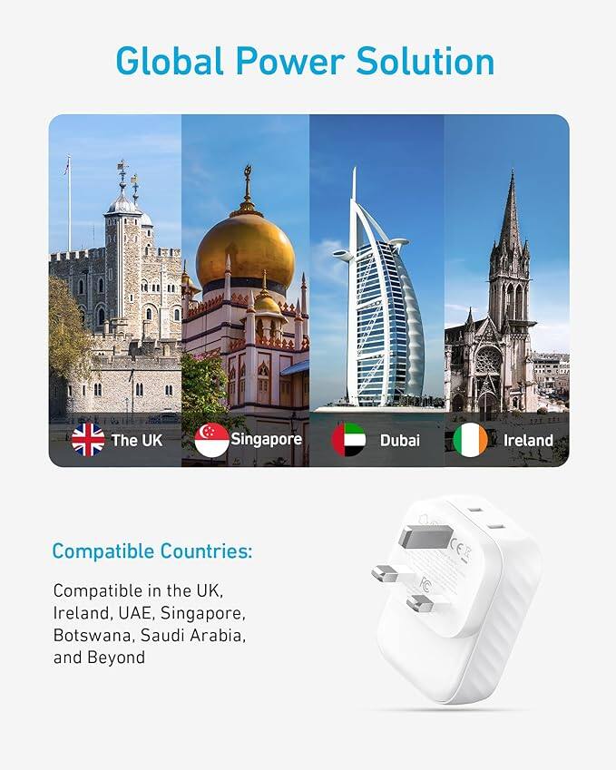 Global Power Solution

The UK Singapore Dubai Ireland

Compatible Countries:
Compatible in the UK, Ireland, UAE, Singapore, Botswana, Saudi Arabia, and Beyond