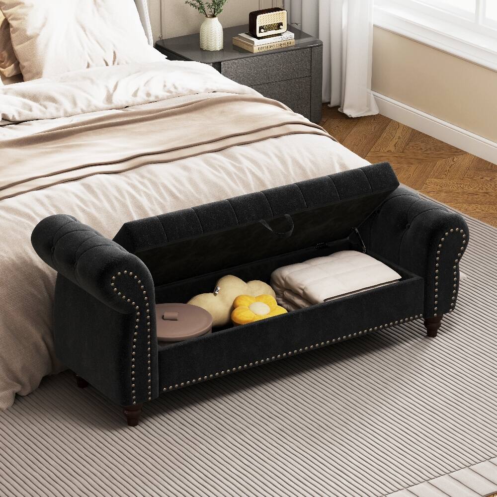 Alt View 1. Ropilly - Ropilly Black Velvet Bed Bench with Storage Tufted Chaise Lounge - Black.