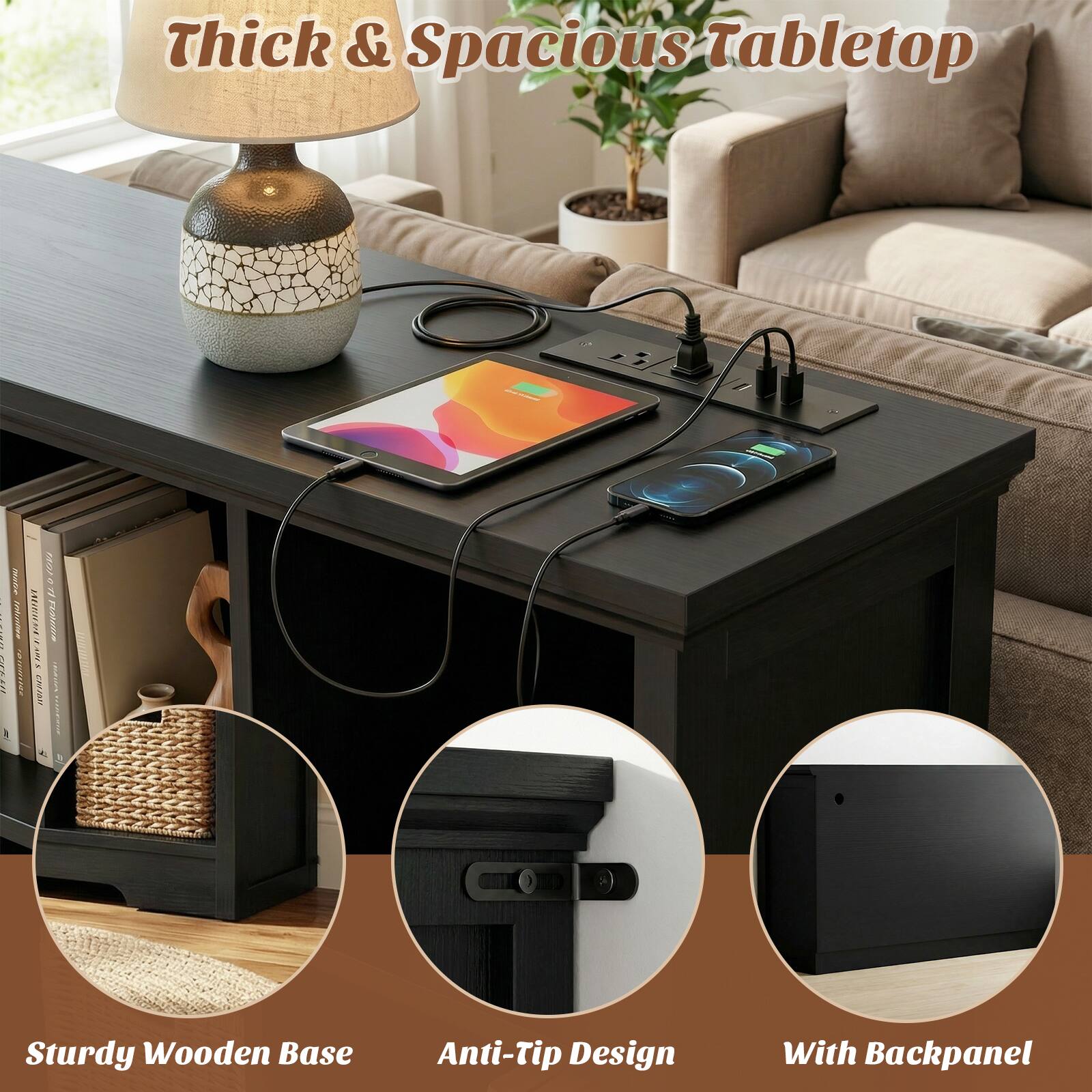 Thick & Spacious Tabletop

Sturdy Wooden Base

Anti-Tip Design

With Backpanel